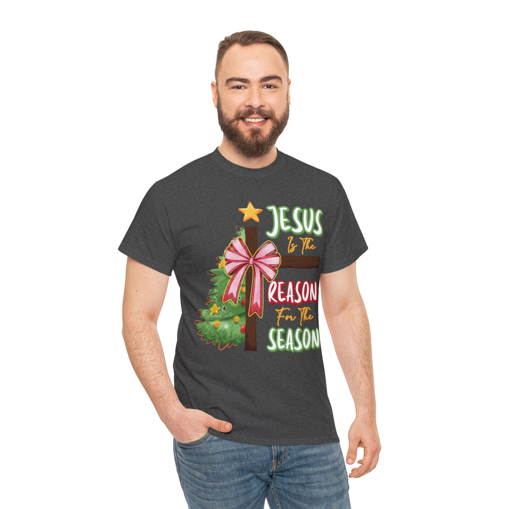 Jesus Is the Reason for the Season Christmas Tee — Cross with Pink Bow & Tree. Unisex Cotton Tee