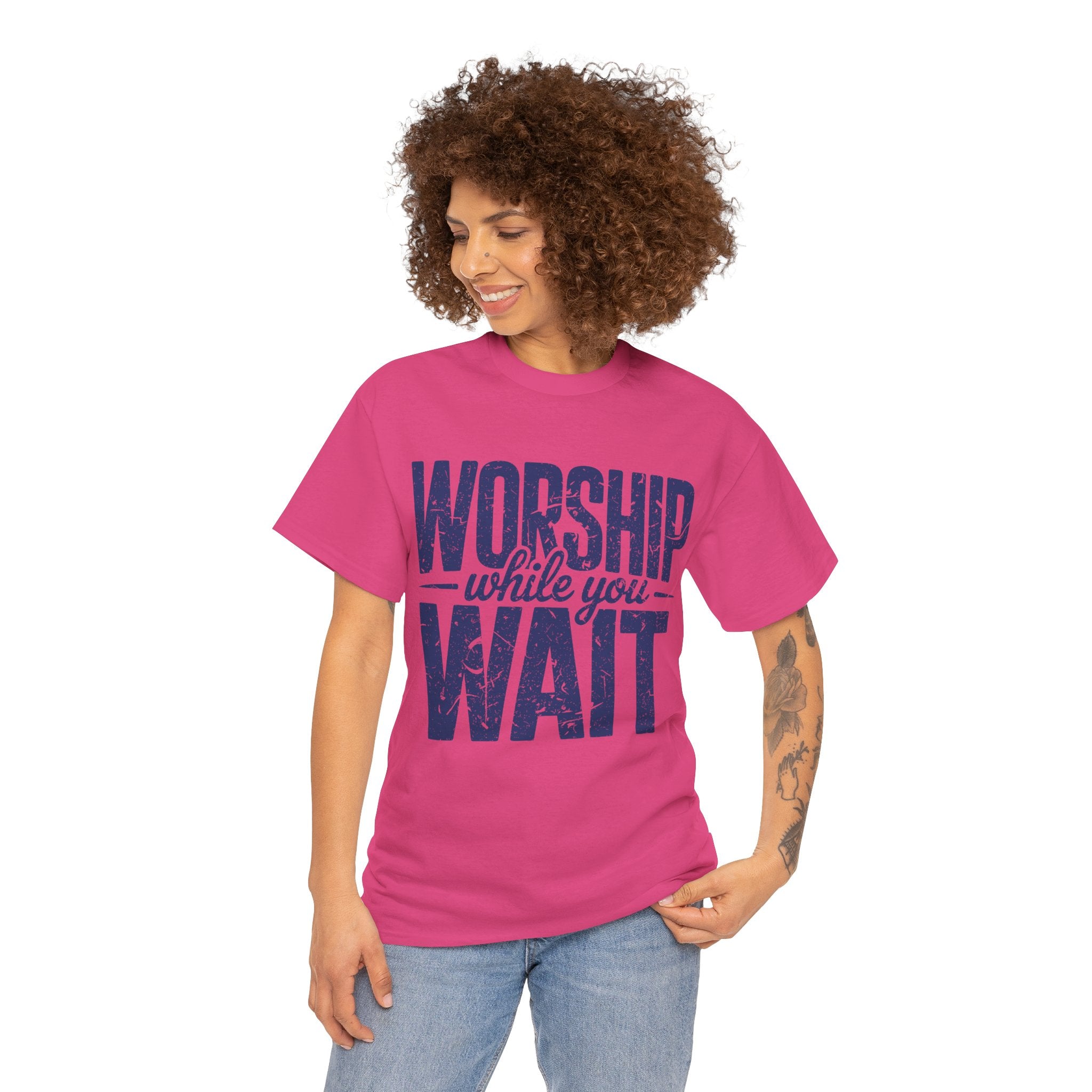 Worship While You Wait T‑Shirt — Distressed Pastel Blue Faith Unisex Cotton Tee