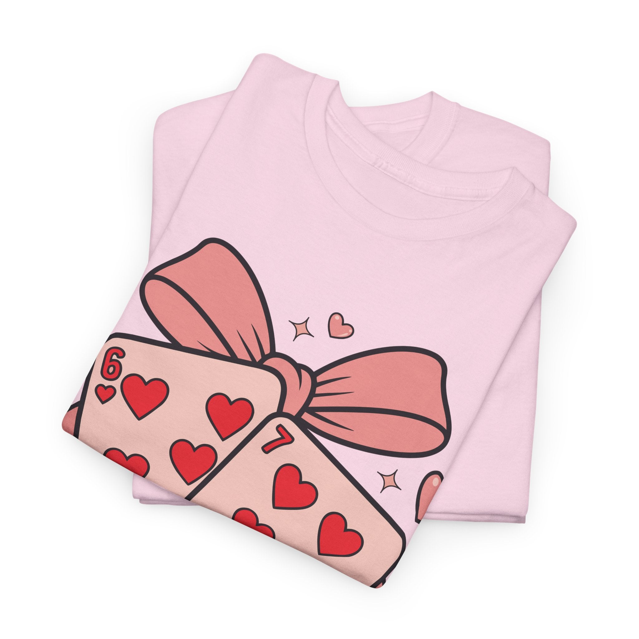 6 & 7 of Hearts T-Shirt — Paired Playing Cards with Pink Bow Unisex Cotton Tee