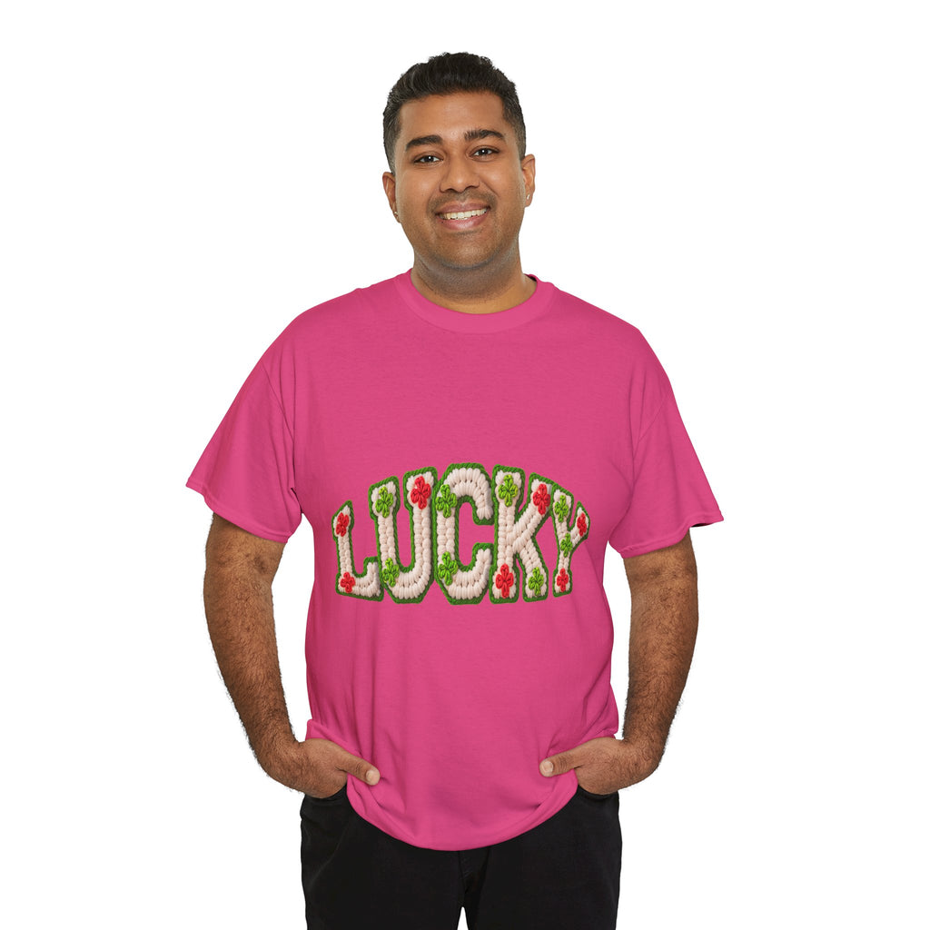 Lucky Crochet Clover T-Shirt — Faux-Yarn Embroidered St. Patrick’s Unisex Cotton Tee