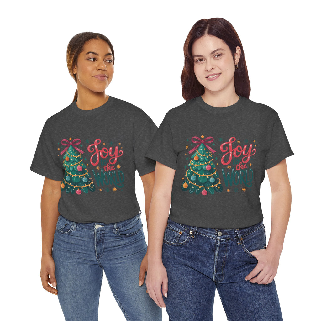 Joy to the World Christmas Tee — Festive Tree with Pink Bow..Unisex Cotton Tee