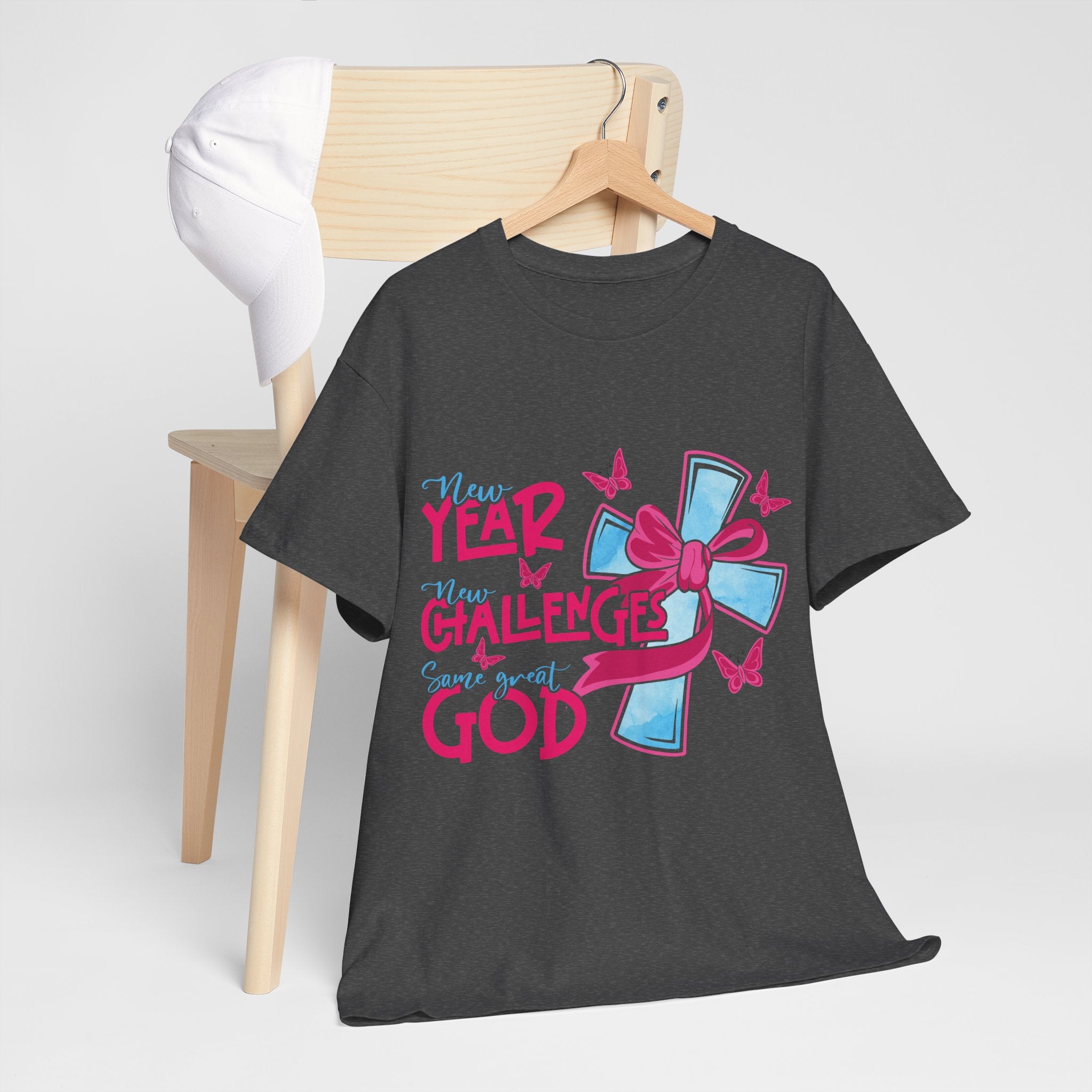 Christian T-Shirt — “New Year, New Challenges, Same Great God” with Pink Bow Cross & Butterflies. Unisex Cotton Tee