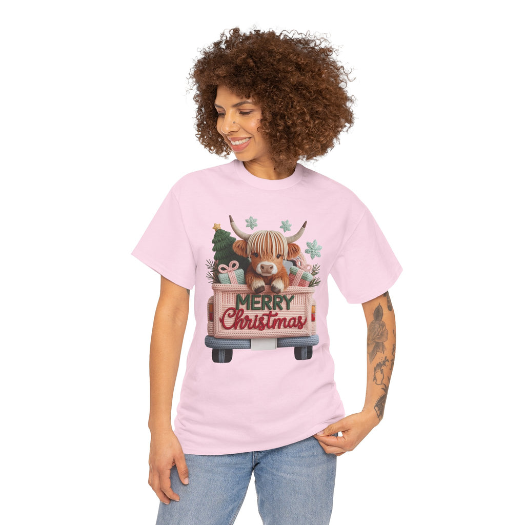 Merry Christmas Highland Cow Knit Truck Unisex Cotton T-Shirt