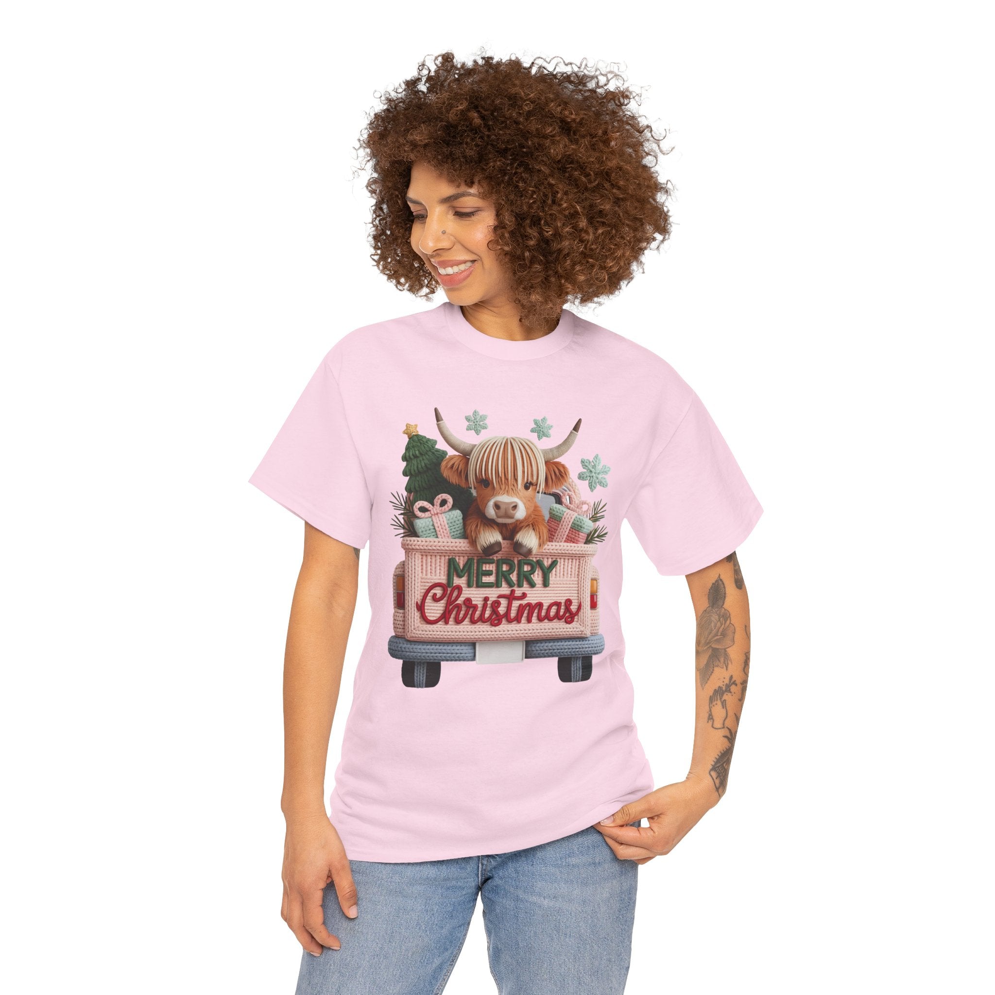 Merry Christmas Highland Cow Knit Truck Unisex Cotton T-Shirt