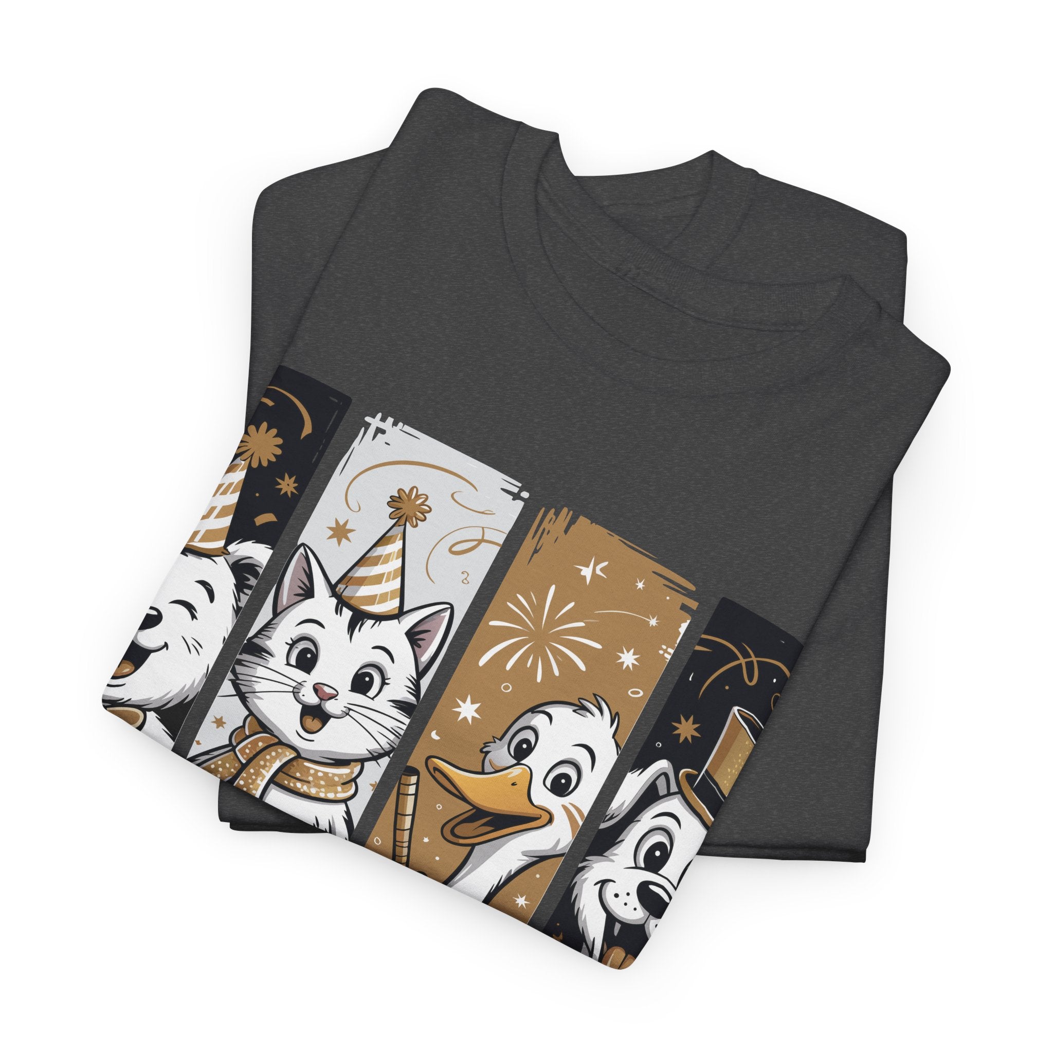 Happy New Year Party Animals T-Shirt — Cute Smiling Animals in Party Hats & Gold Fireworks..Unisex Cotton Tee