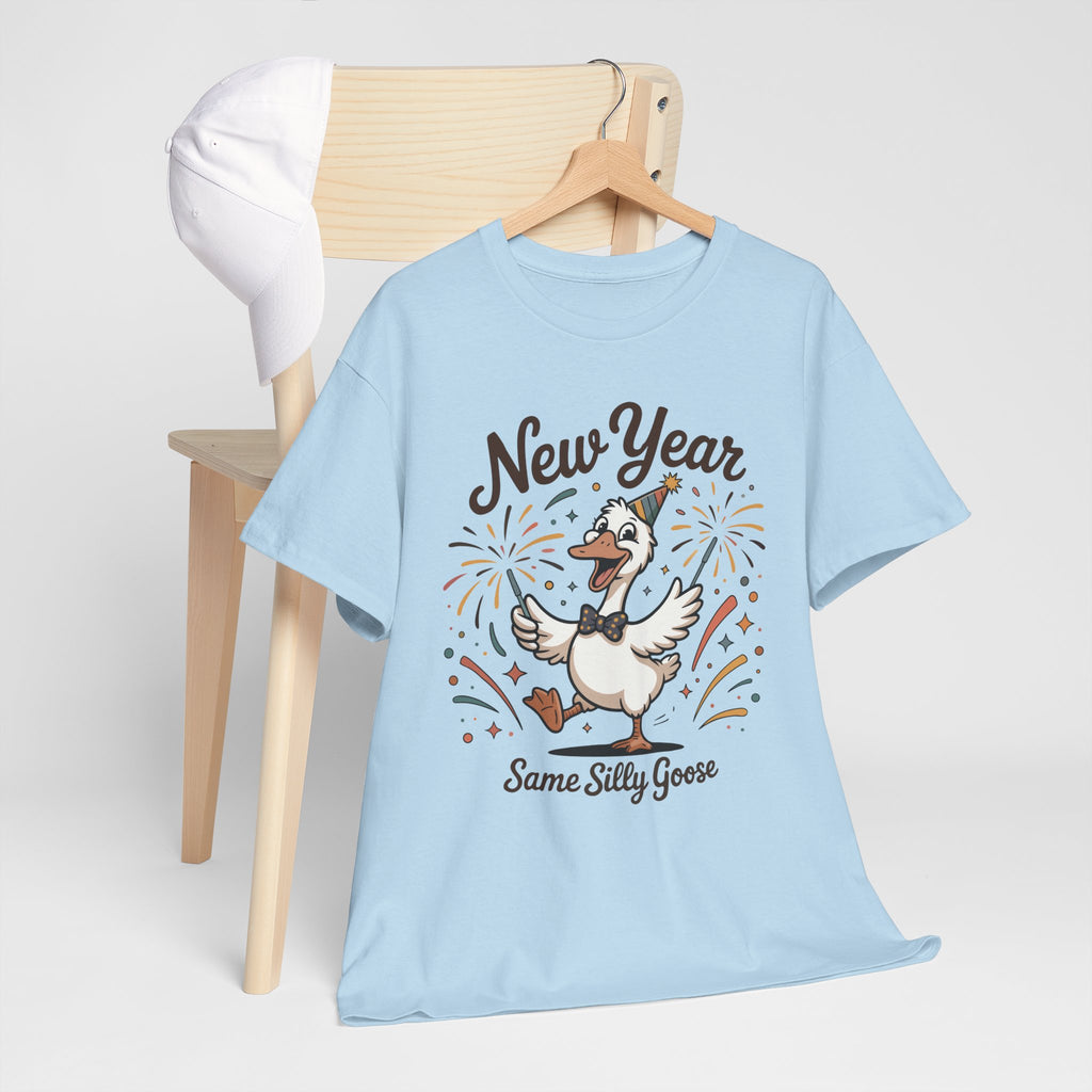 Happy Goose New Year T-Shirt — Party Hat, Fireworks & Confetti Unisex Cotton Tee