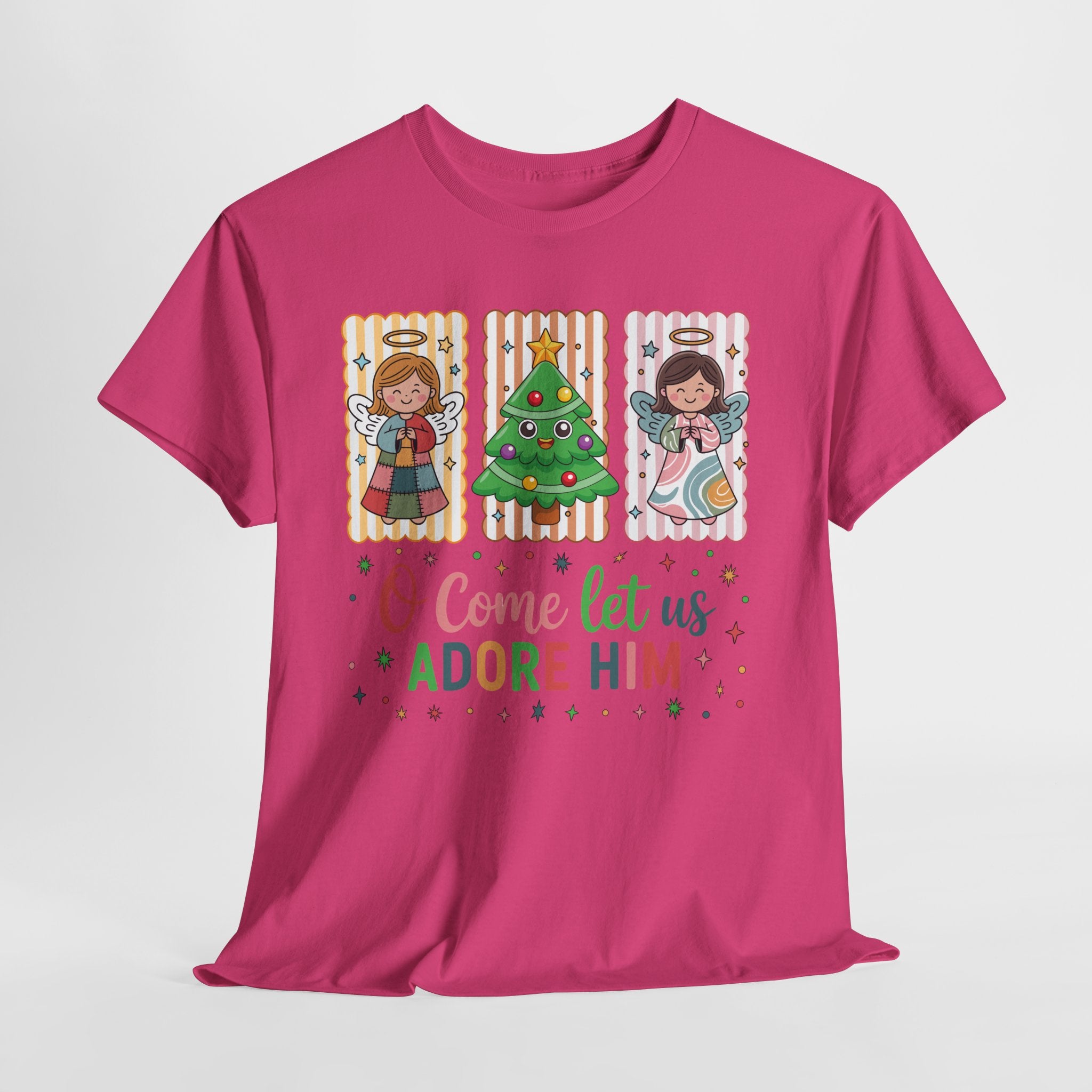 O Come Let Us Adore Him Christmas Tee — Smiling Angels & Happy Tree..Unisex Cotton Tee