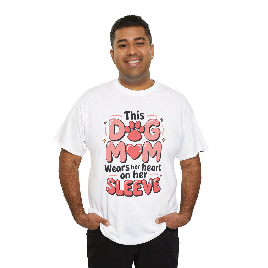 Dog Mom T-Shirt — "This Dog Mom Wears Her Heart on Her Sleeve" Paw & Heart Unisex Cotton Tee