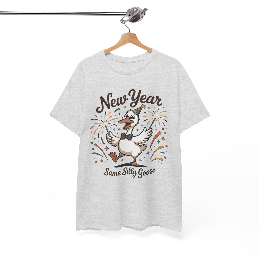 Happy Goose New Year T-Shirt — Party Hat, Fireworks & Confetti Unisex Cotton Tee