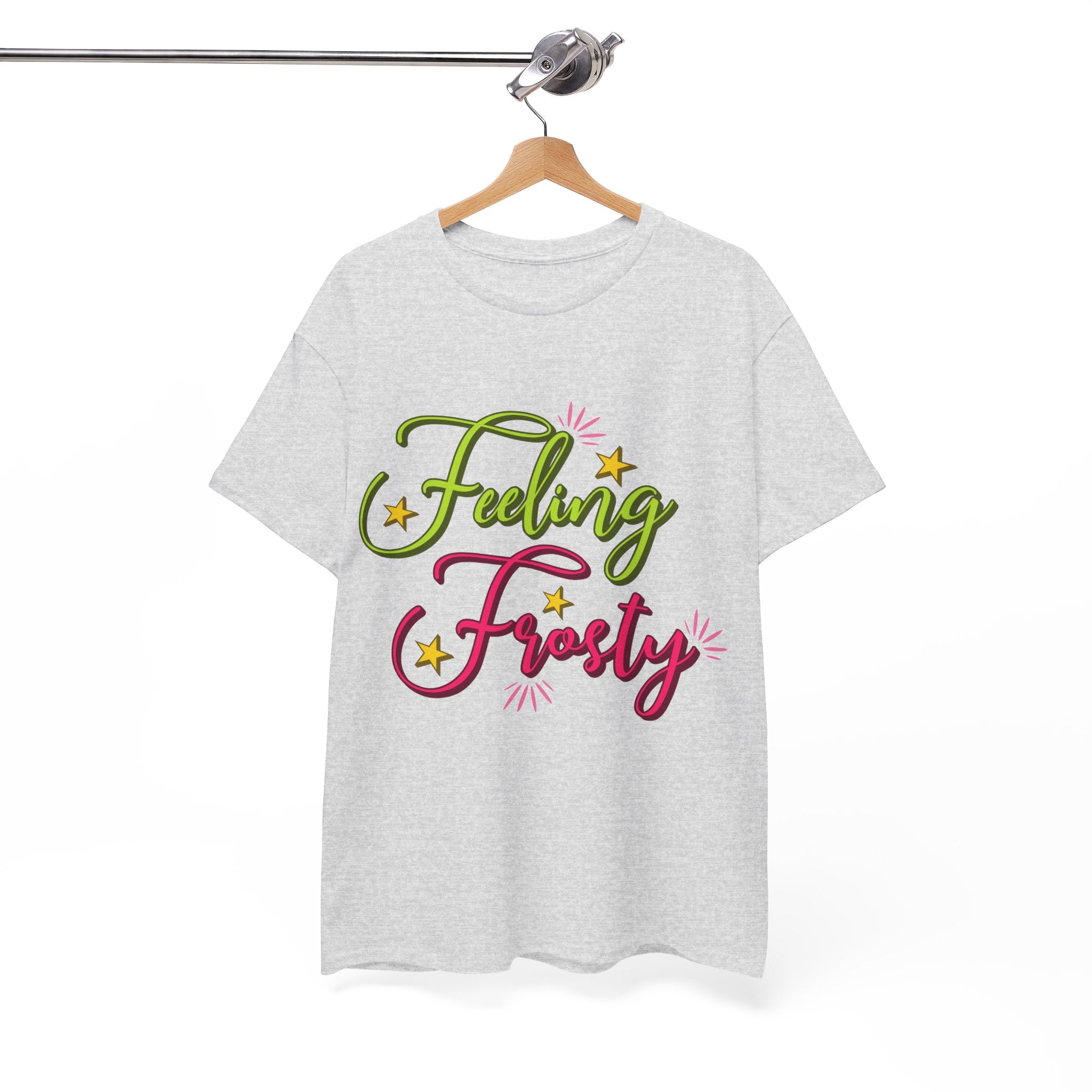 Feeling Frosty Holiday T-Shirt — Green & Pink Script Stars.Unisex Cotton Tee