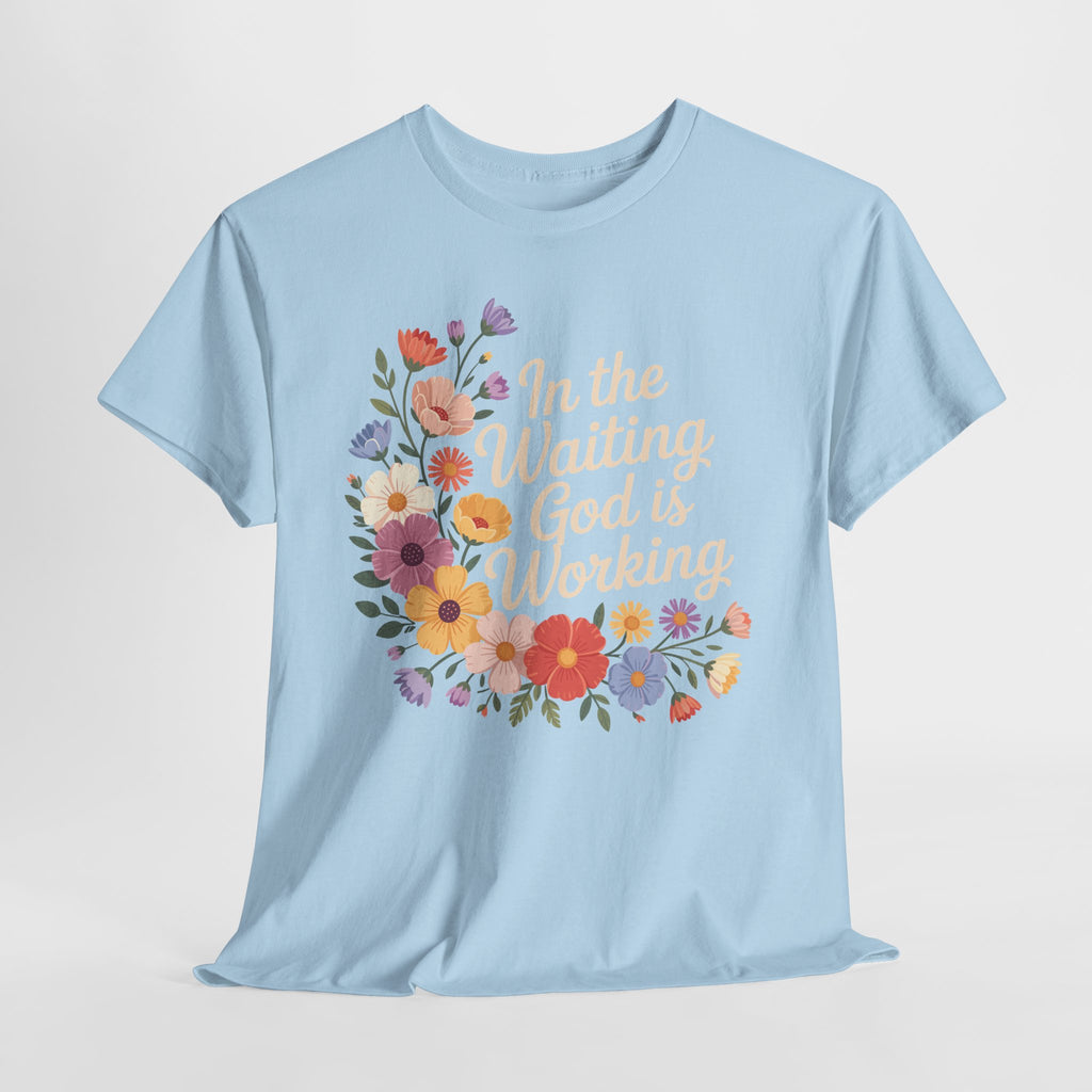 Pastel Floral “In the Waiting God Is Working” Unisex Cotton T-Shirt