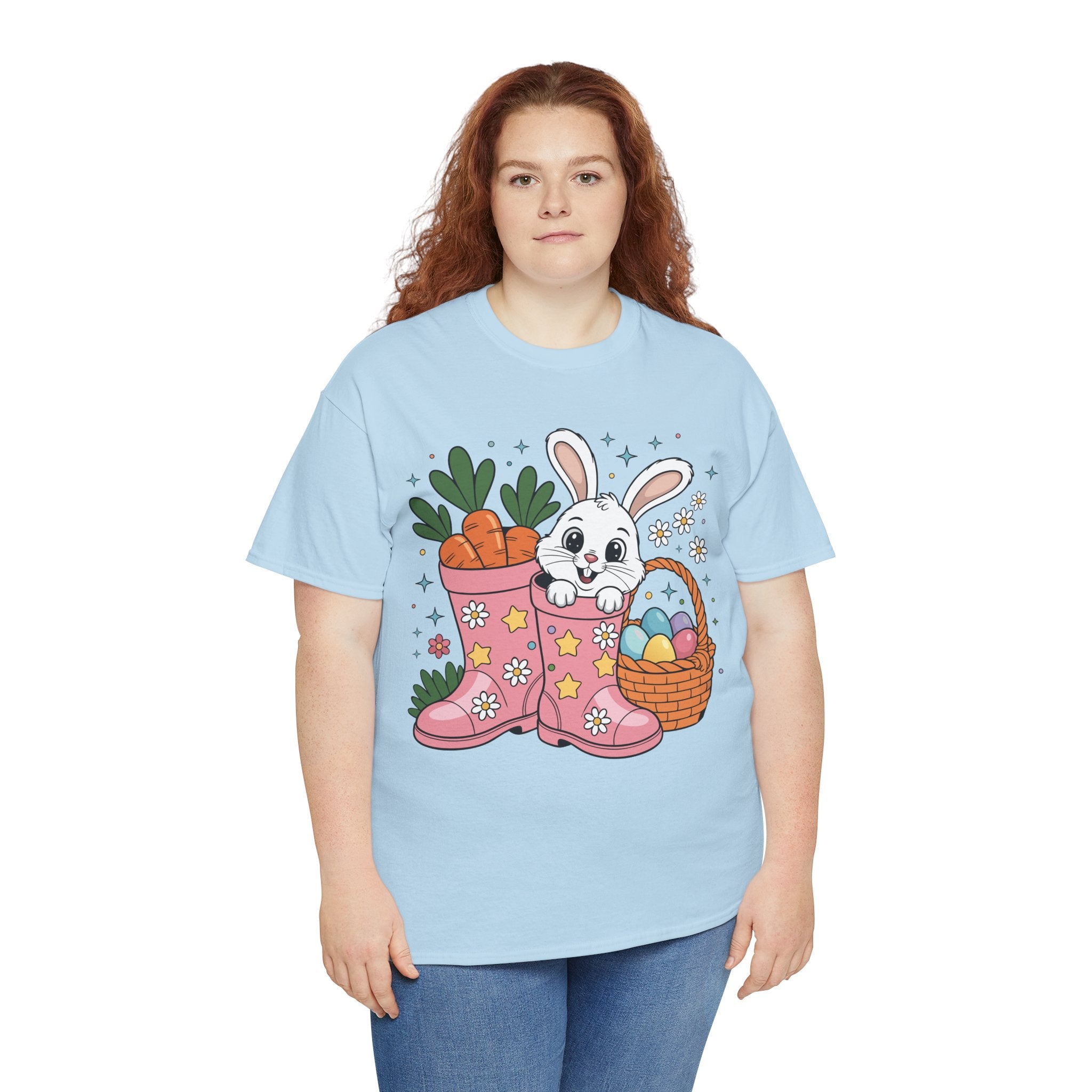 Easter Bunny in Pink Rain Boots T-Shirt — Cartoon Bunny, Carrots & Colorful Eggs Unisex Cotton Tee