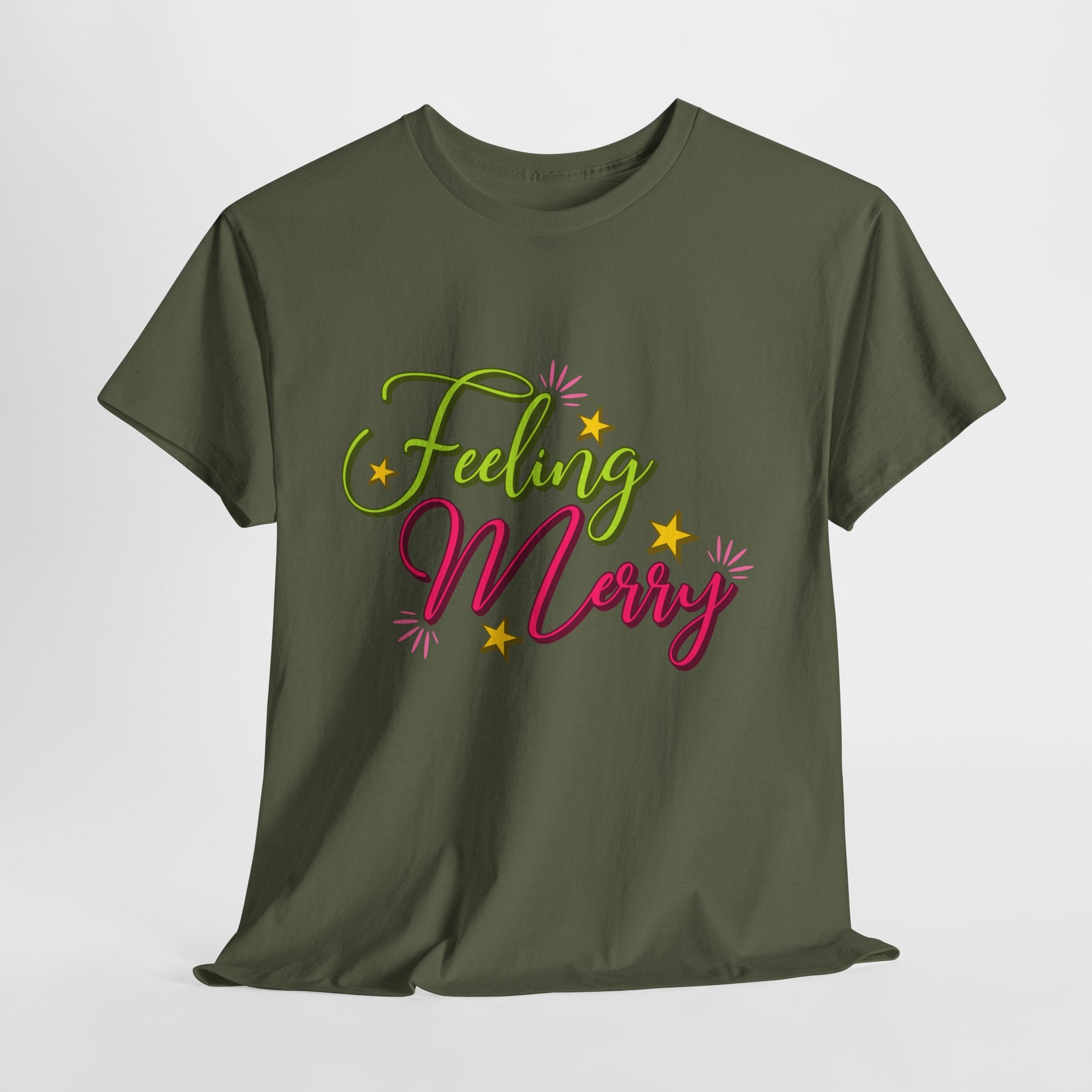 Feeling Merry T-Shirt — Bright Green & Pink Holiday Tee with Stars.Unisex Cotton Tee