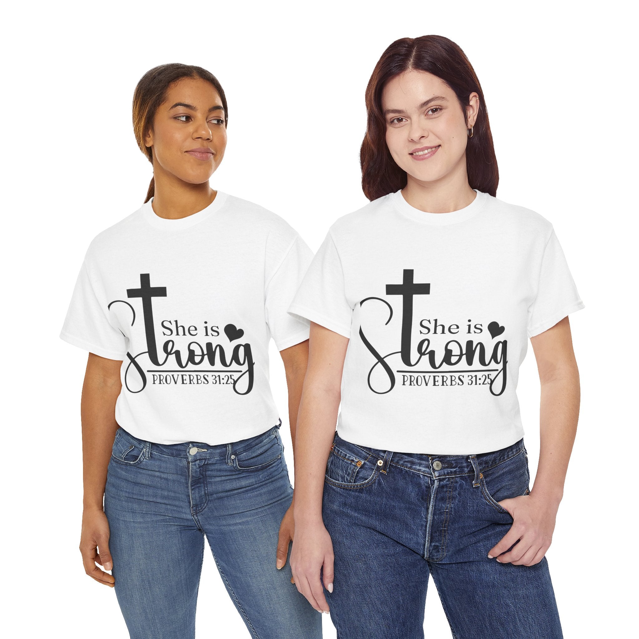 Proverbs 31:25 'She is Strong' T-Shirt – Christian Cross & Heart Unisex Cotton Tee