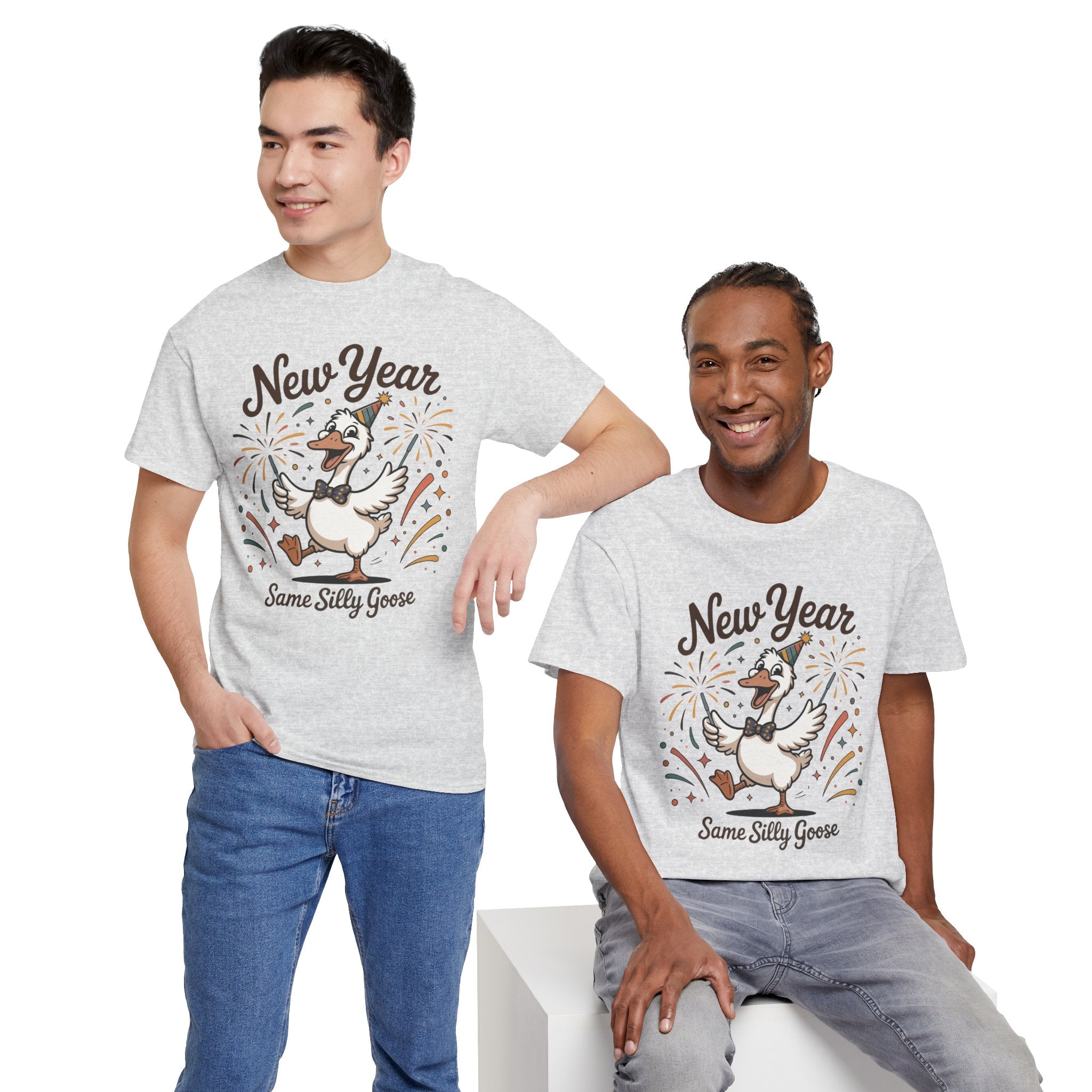 Happy Goose New Year T-Shirt — Party Hat, Fireworks & Confetti Unisex Cotton Tee