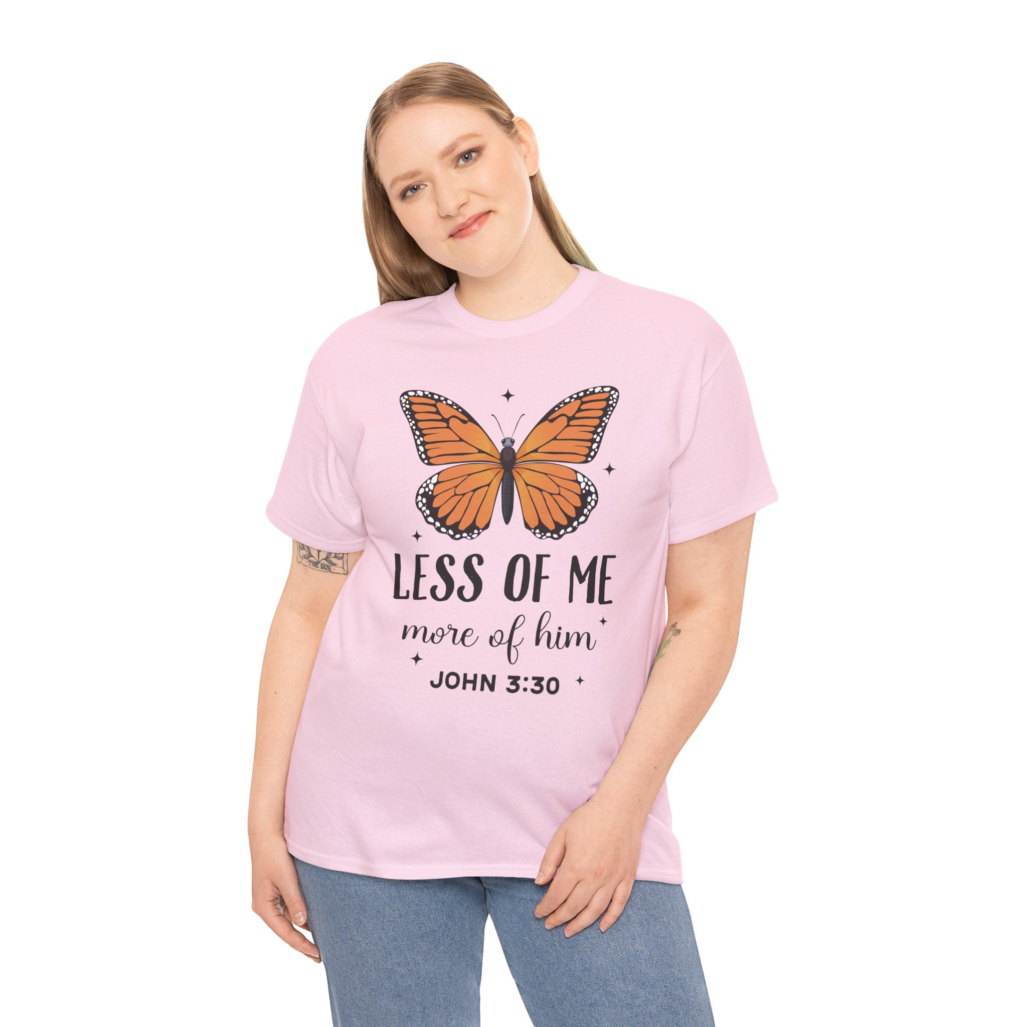 Monarch Butterfly Tee — "Less of Me, More of Him" Christian Unisex cotton T‑Shirt