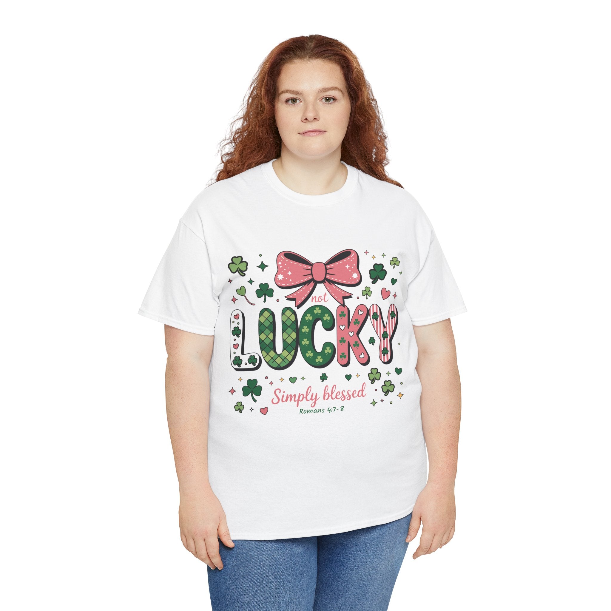 Simply Blessed Tee — “Not Lucky, Simply Blessed” with Pastel Bow, Clovers & Romans 4:7-8 Unisex Cotton Tee