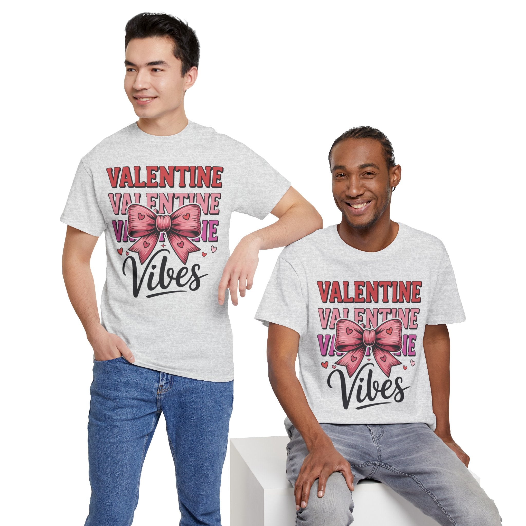 Valentine Vibes T-Shirt — Pink Bow Heart Graphic Unisex Cotton Tee