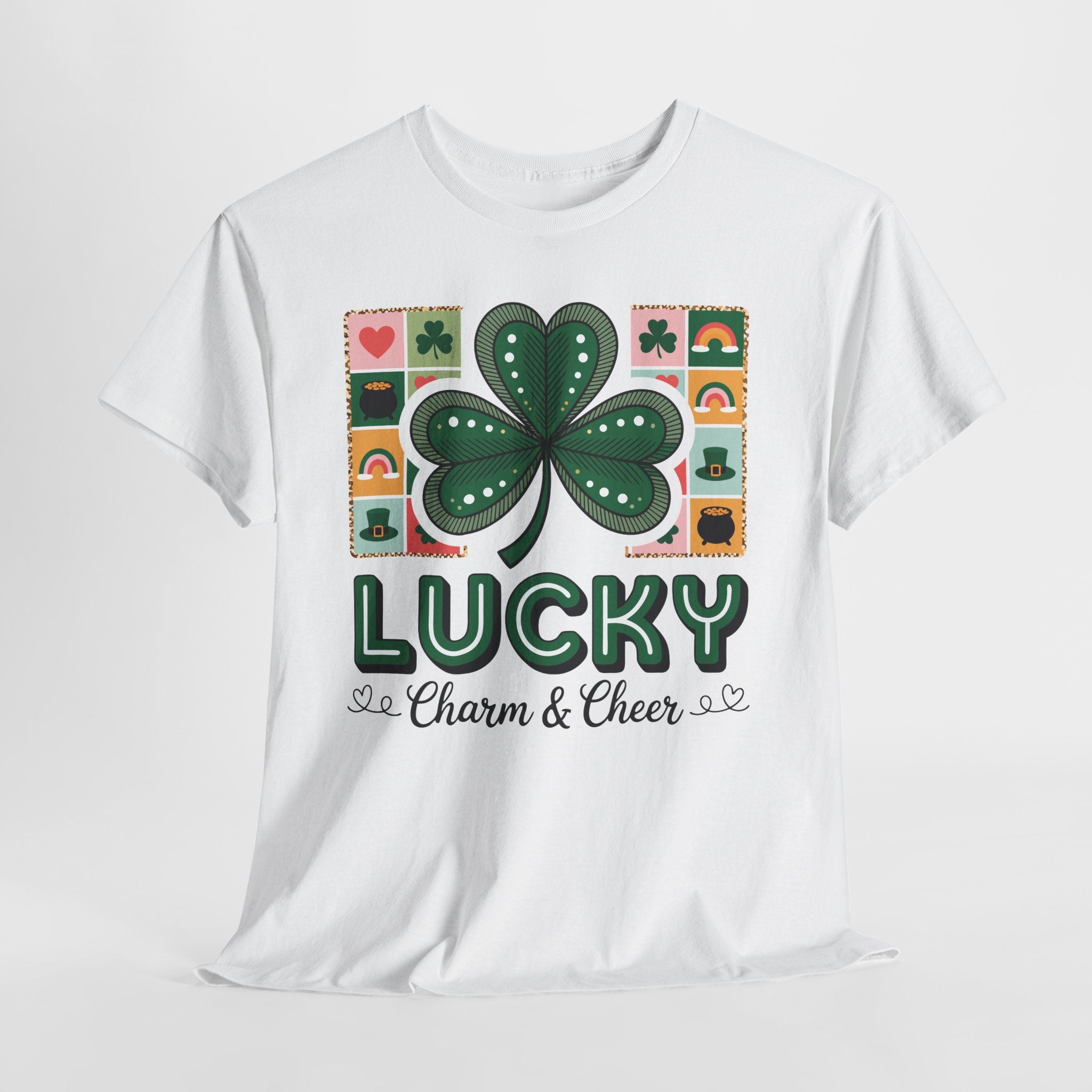 Lucky Charm & Cheer Clover Tee — Patchwork St. Patrick’s Day Unisex Cotton T-Shirt