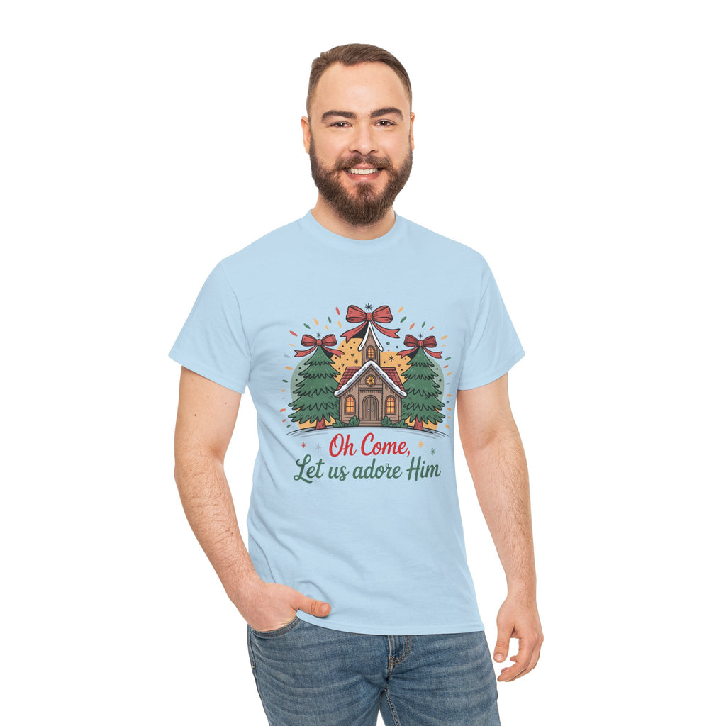 Oh Come Let Us Adore Him Christmas Tee — Church & Trees Holiday Unisex Cotton Tshirt