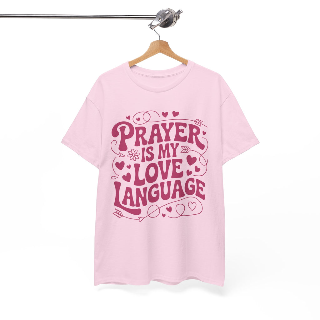 Prayer Is My Love Language Christian Tee — Pastel Pink Hearts Unisex Cotton Tee
