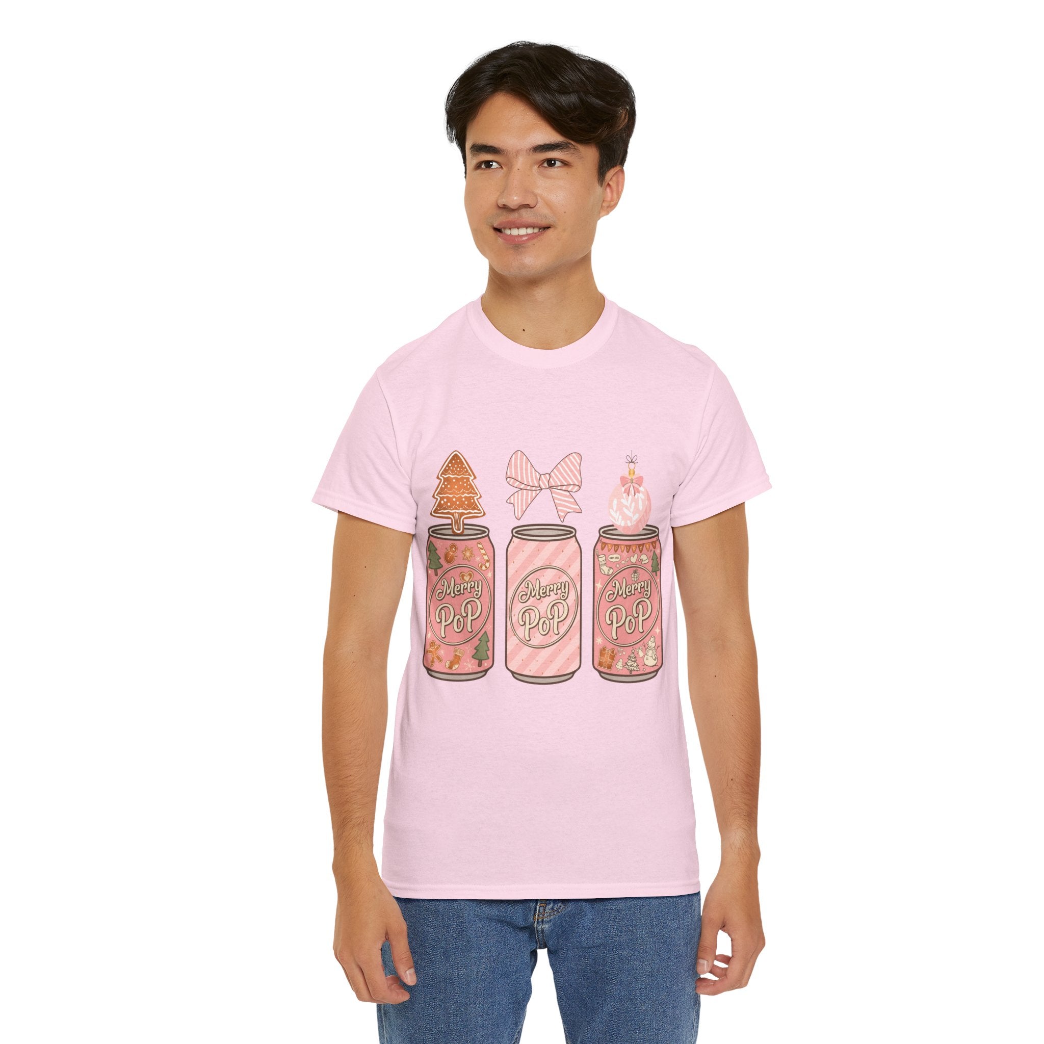 Merry Pop Christmas Soda Can Tee — Pastel Holiday Graphic Unisex Cotton T-Shirt