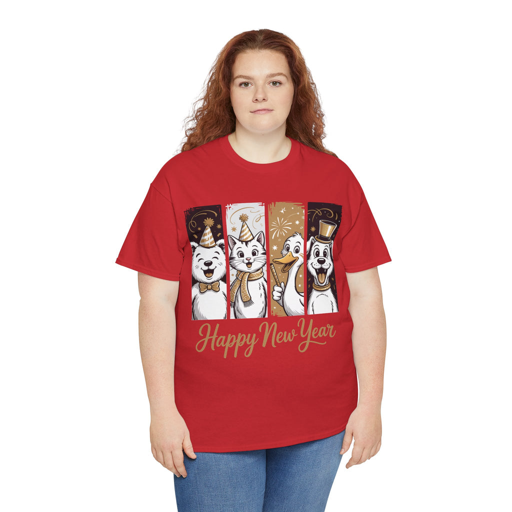 Happy New Year Party Animals T-Shirt — Cute Smiling Animals in Party Hats & Gold Fireworks..Unisex Cotton Tee