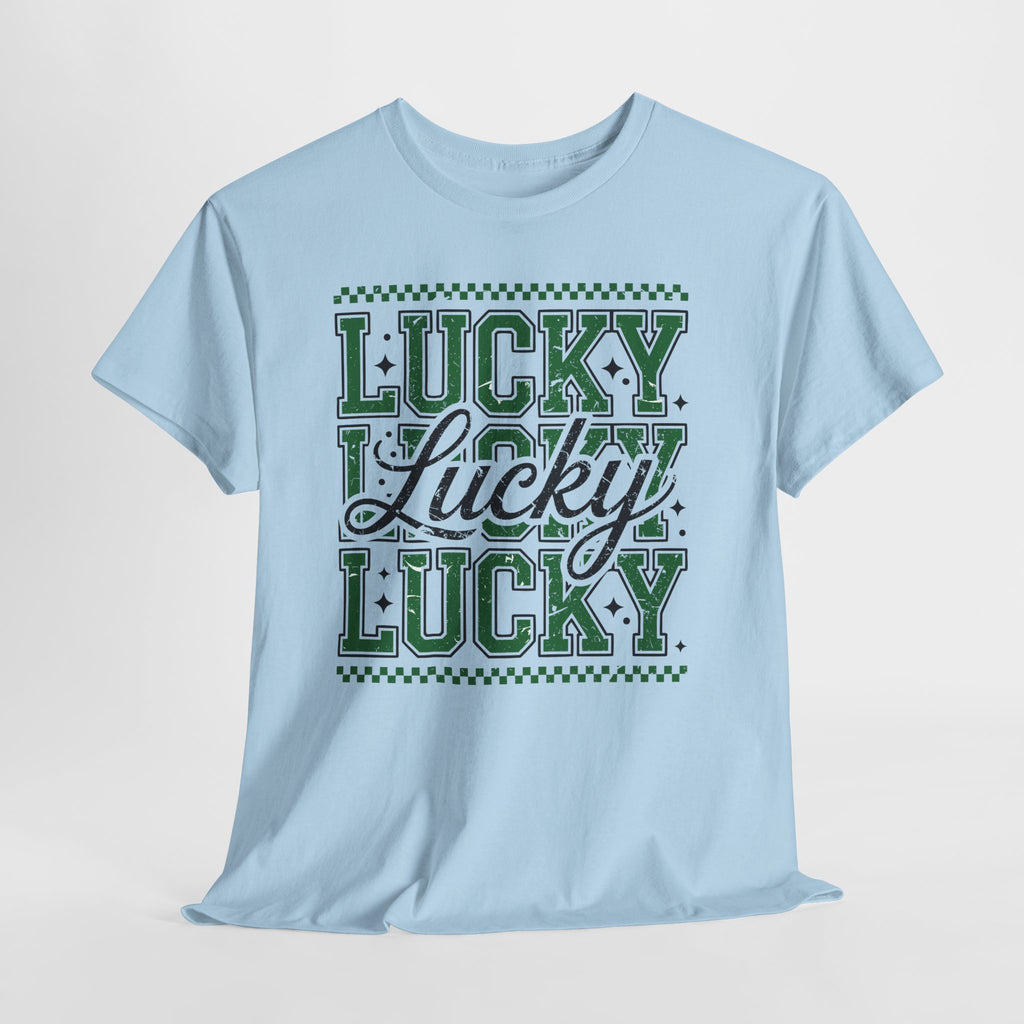 Lucky Varsity Tee — Layered Green ‘Lucky’ Graphic Unisex Cotton Tee