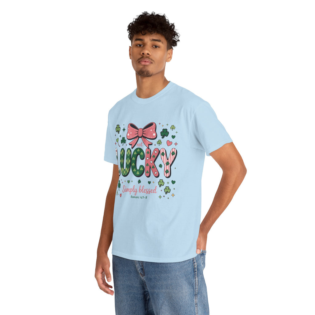 Simply Blessed Tee — “Not Lucky, Simply Blessed” with Pastel Bow, Clovers & Romans 4:7-8 Unisex Cotton Tee