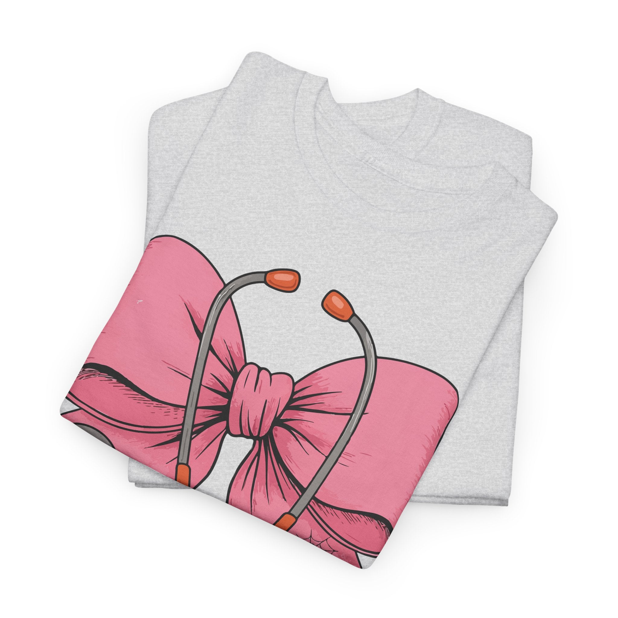 Halloween Nurse T‑Shirt — Pink Nurse Bow with Stethoscope, Syringes & Spider Webs..Unisex Cotton Tee
