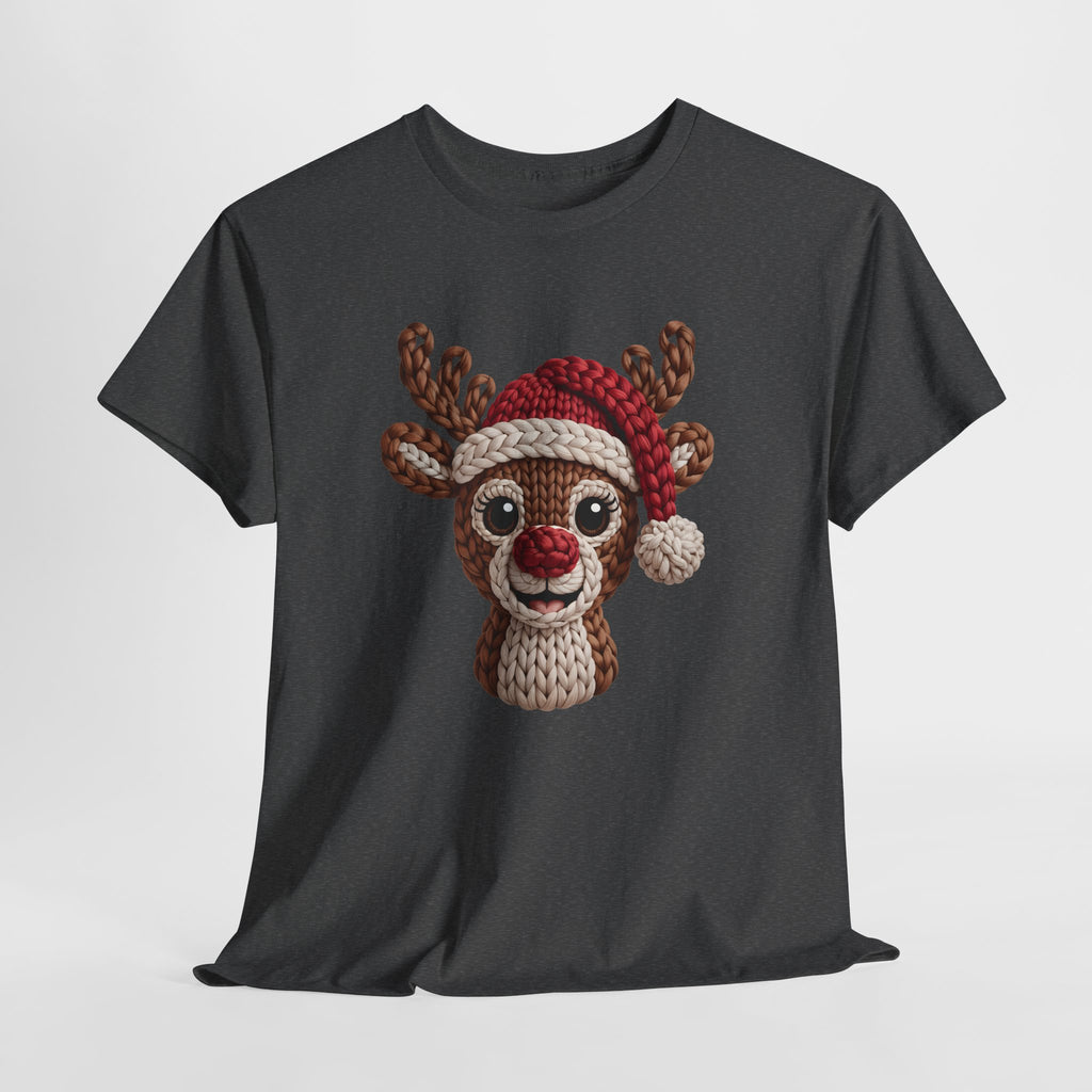 Reindeer in Santa Hat Cotton Tee — Joyful Faux-Yarn Holiday Unisex Coton T-Shirt