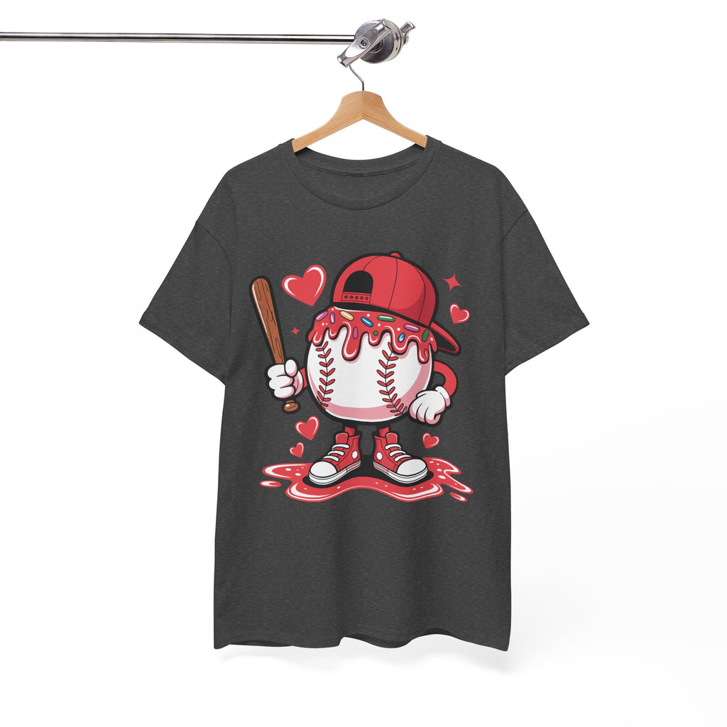 Cute Baseball Character T-Shirt — Red Cap & Icing Top Graphic with Hearts Unisex Cotton Tee