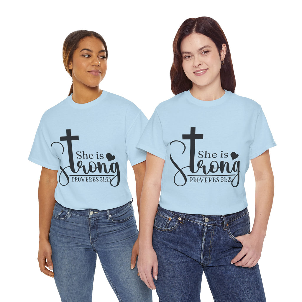 Proverbs 31:25 'She is Strong' T-Shirt – Christian Cross & Heart Unisex Cotton Tee