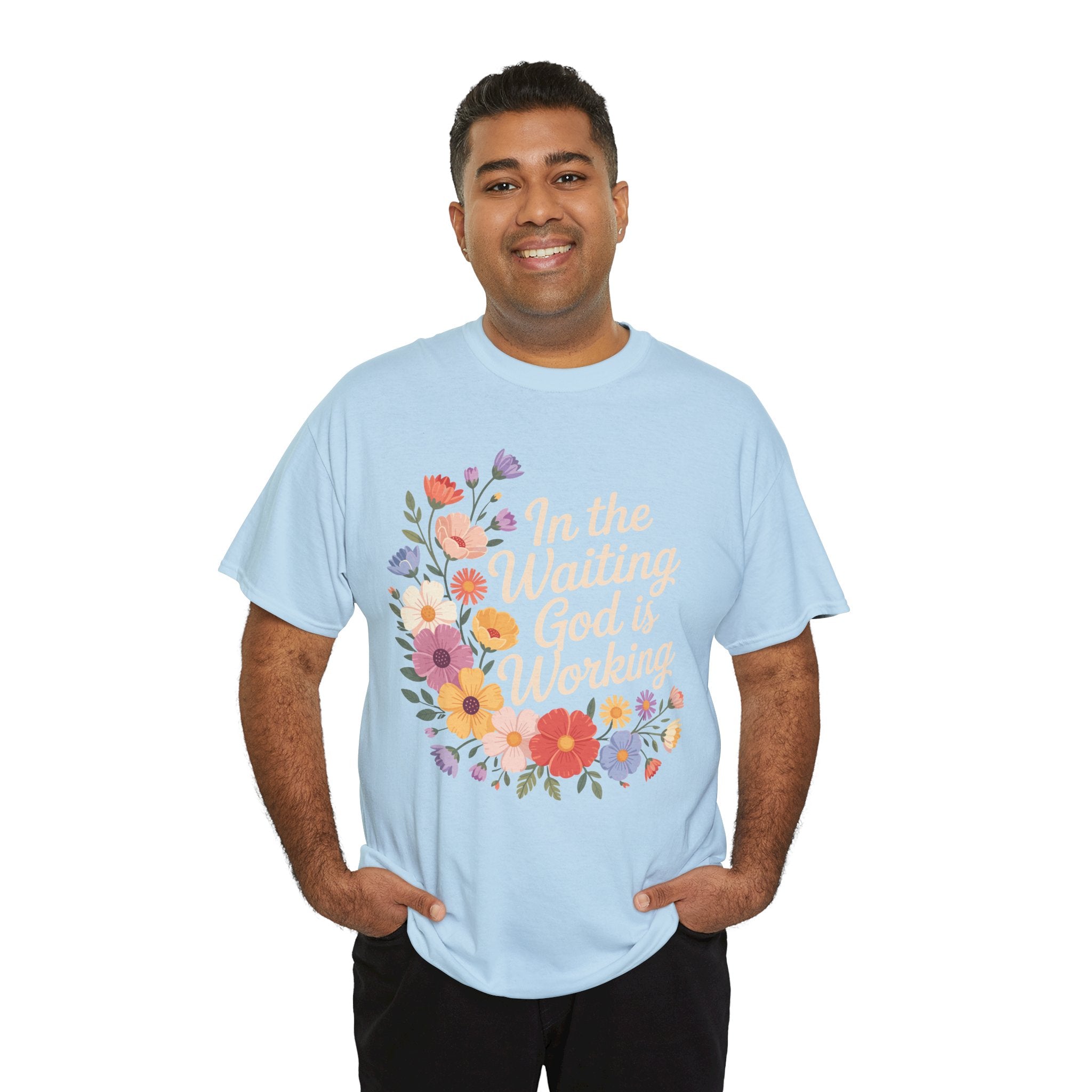 Pastel Floral “In the Waiting God Is Working” Unisex Cotton T-Shirt