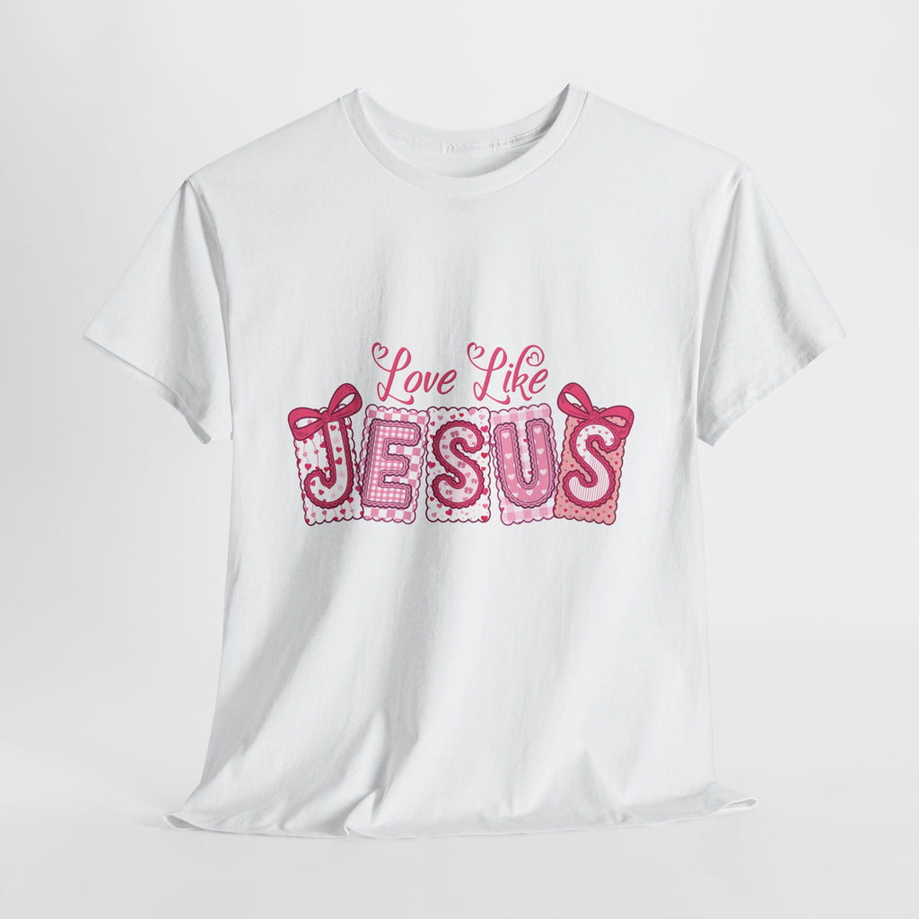 Love Like Jesus Patchwork Tee — Pink Stitched Heart Graphic.Unisex Cotton Tee