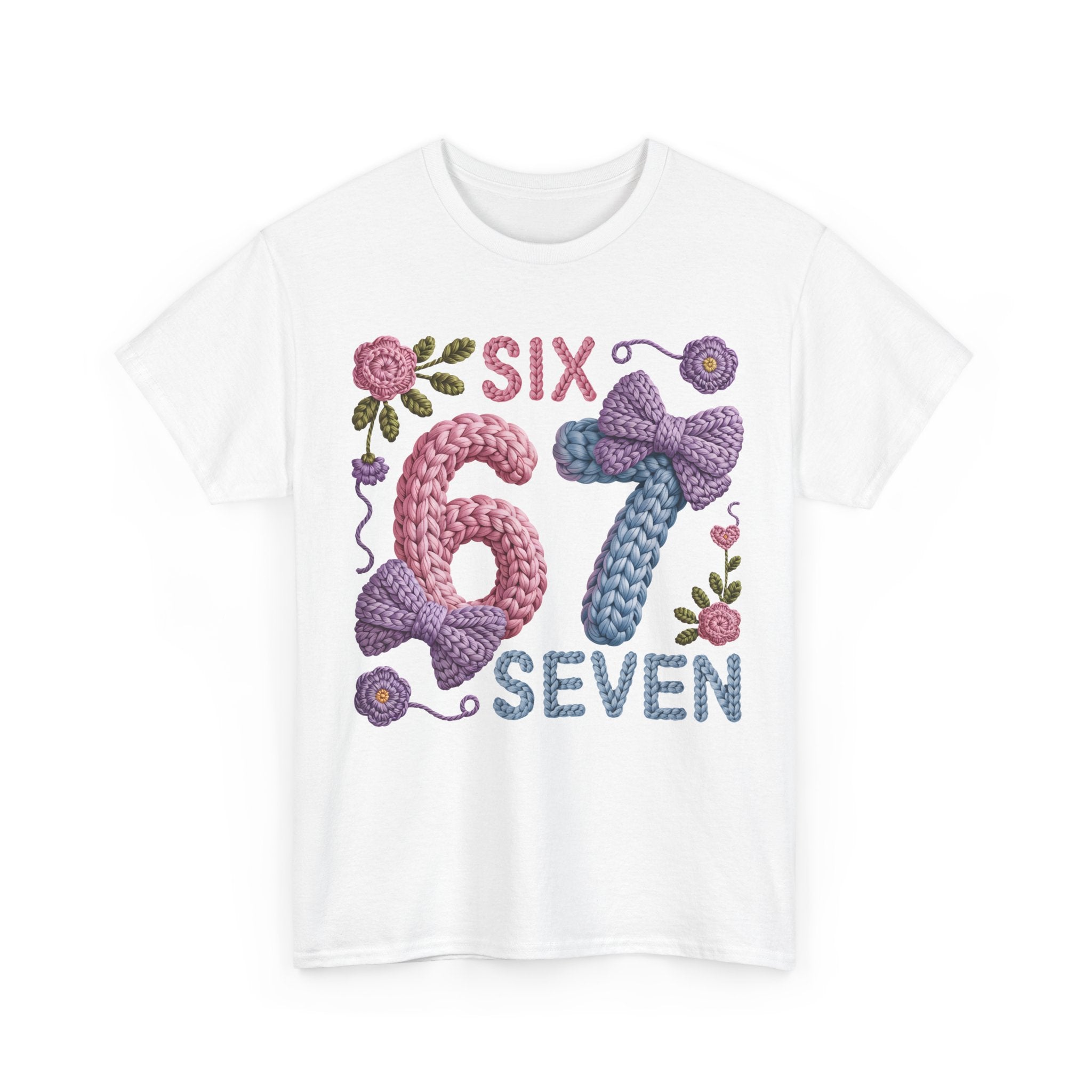 Pastel Crochet Numbers 6 & 7 Tee — Faux-Yarn Bows & Flowers. Unisex Cotton Tee