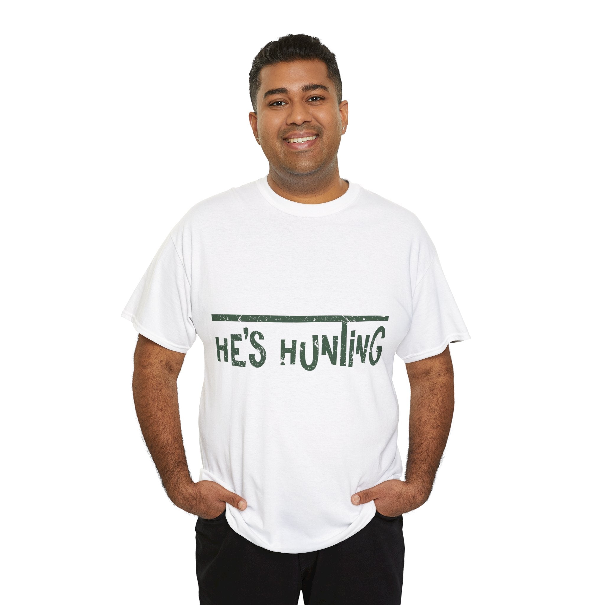 He’s Hunting Distressed Tee — Minimalist Tan Hunting Unisex Cotton Tshirt