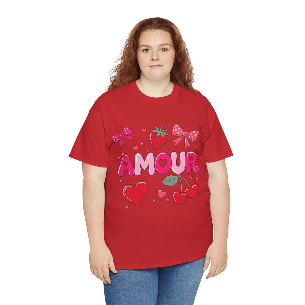 Amour Pink Hearts Tee — Shiny Lettering with Bows, Cherries & Strawberry Accent...Unisex Cotton Tee