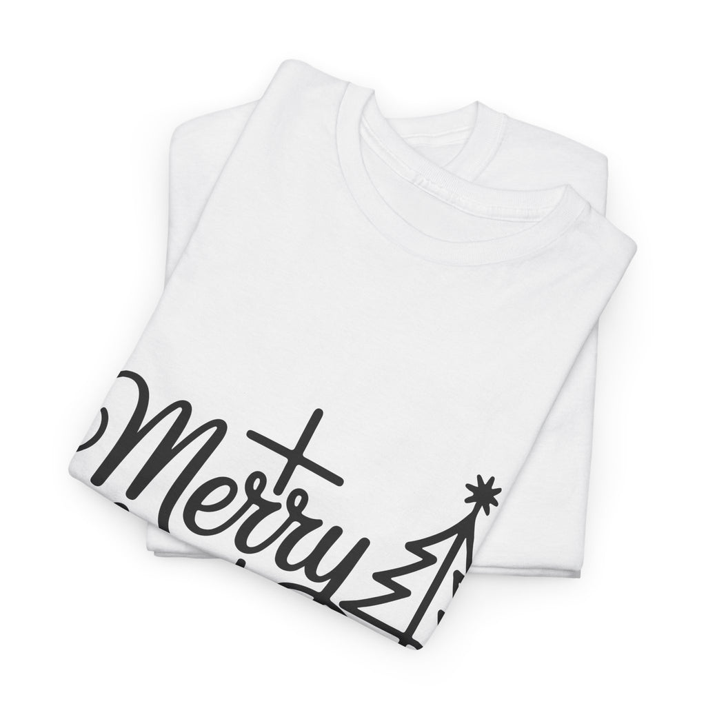 Merry Christmas Script T-Shirt with Cross & Tree(Unisex Cotton Tee)