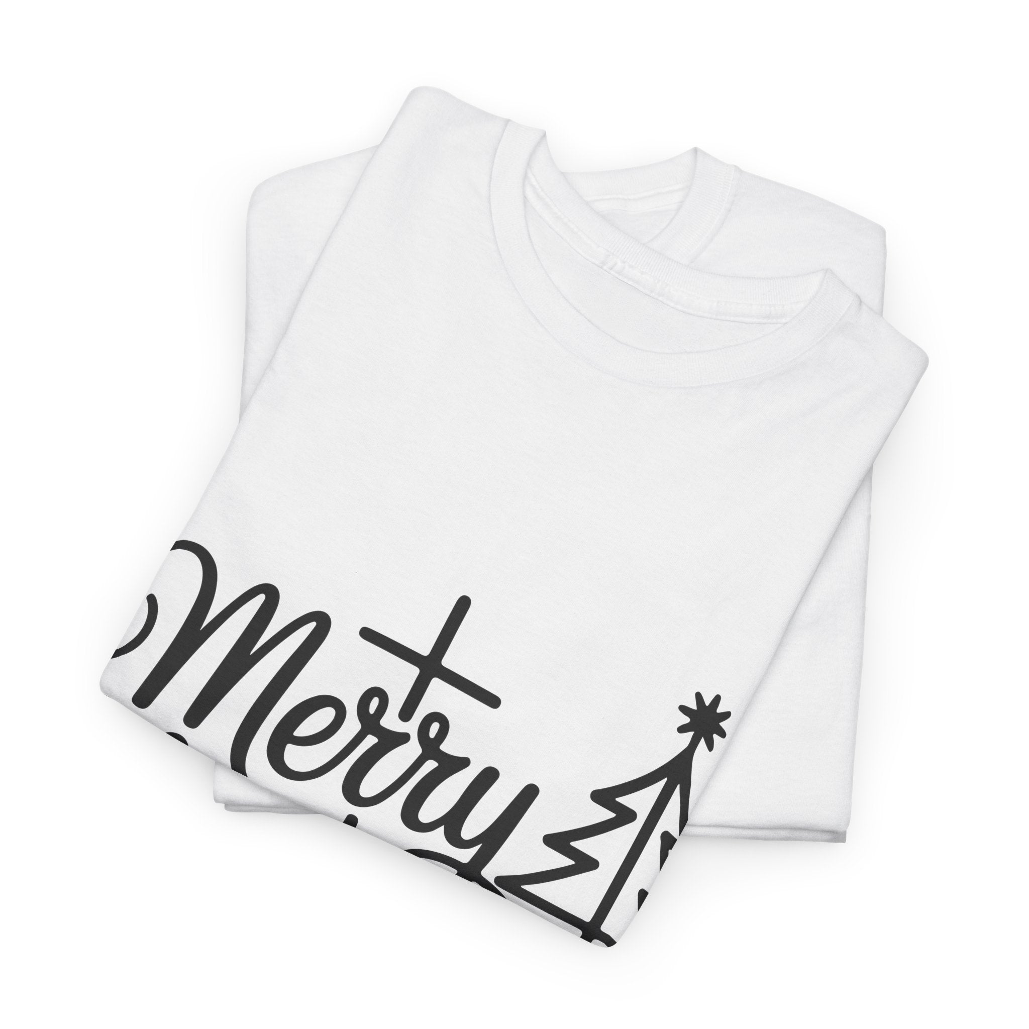 Merry Christmas Script T-Shirt with Cross & Tree(Unisex Cotton Tee)