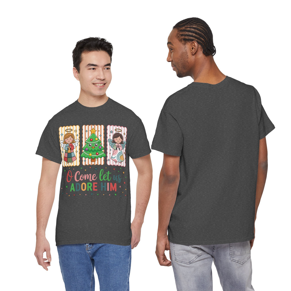 O Come Let Us Adore Him Christmas Tee — Smiling Angels & Happy Tree..Unisex Cotton Tee