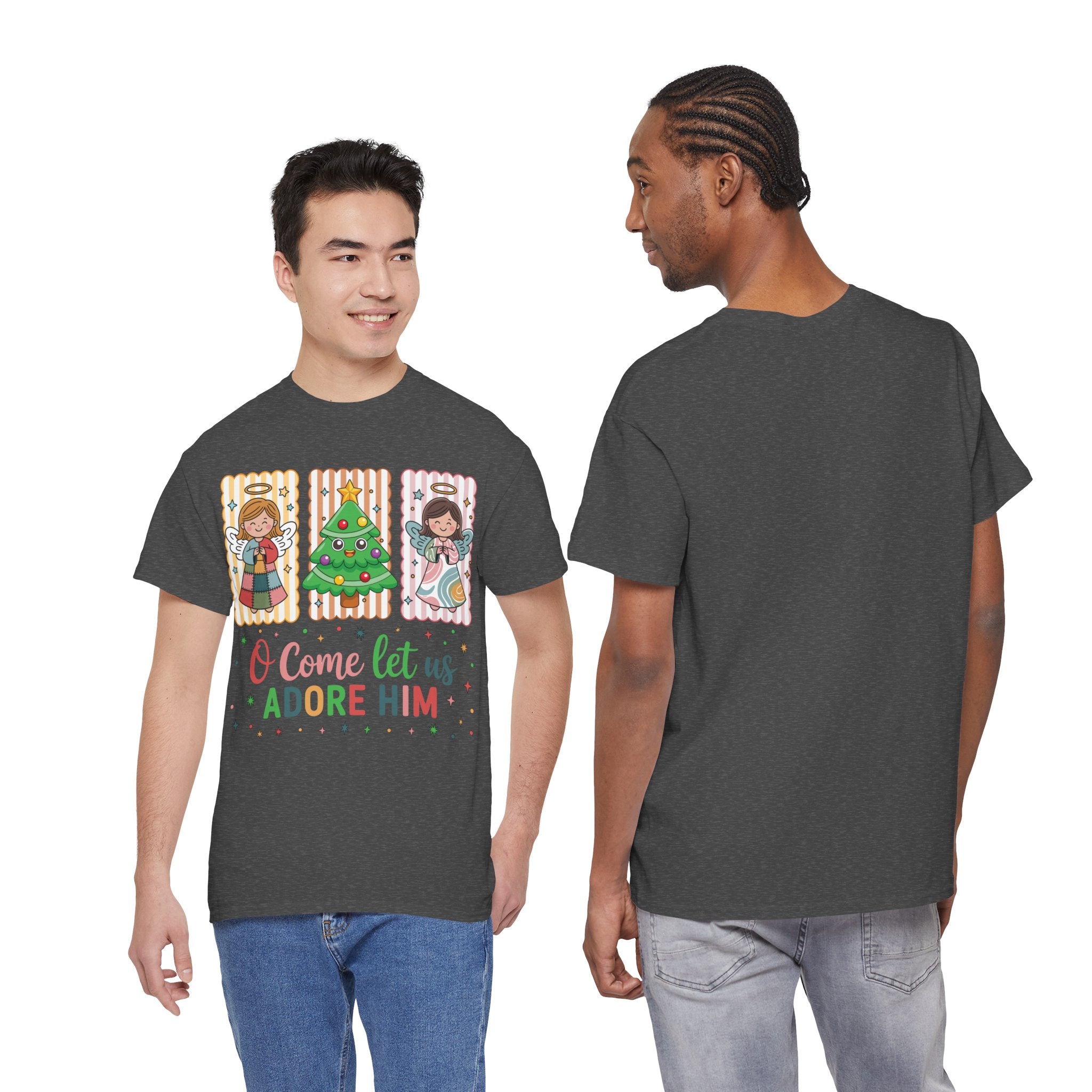 O Come Let Us Adore Him Christmas Tee — Smiling Angels & Happy Tree..Unisex Cotton Tee
