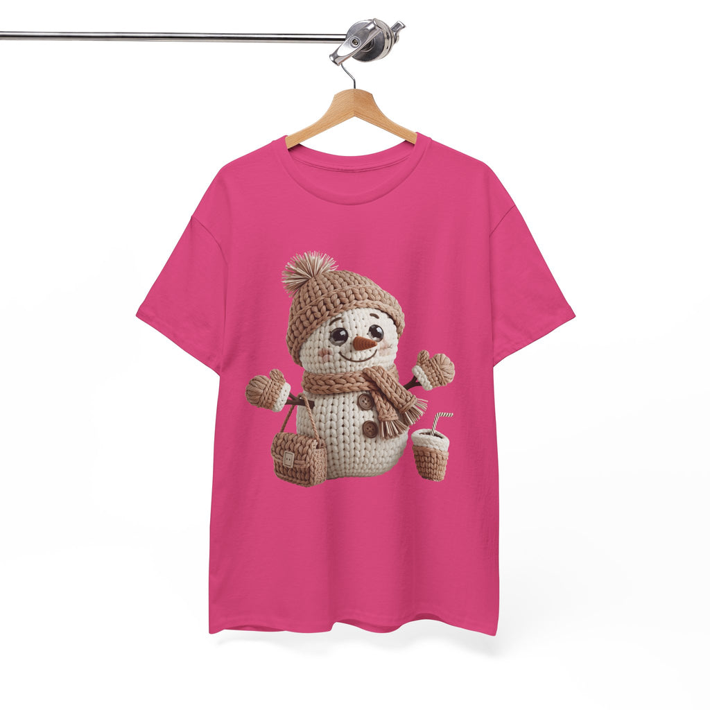 Snowman Knit‑Style Graphic Tee — Cute Faux‑Yarn Snowman with Hat, Scarf & Mittens.Unisex Cotton Tee