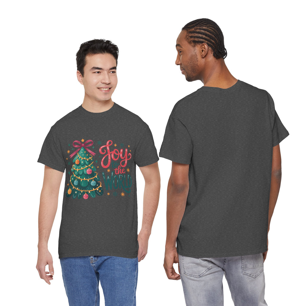 Joy to the World Christmas Tee — Festive Tree with Pink Bow..Unisex Cotton Tee