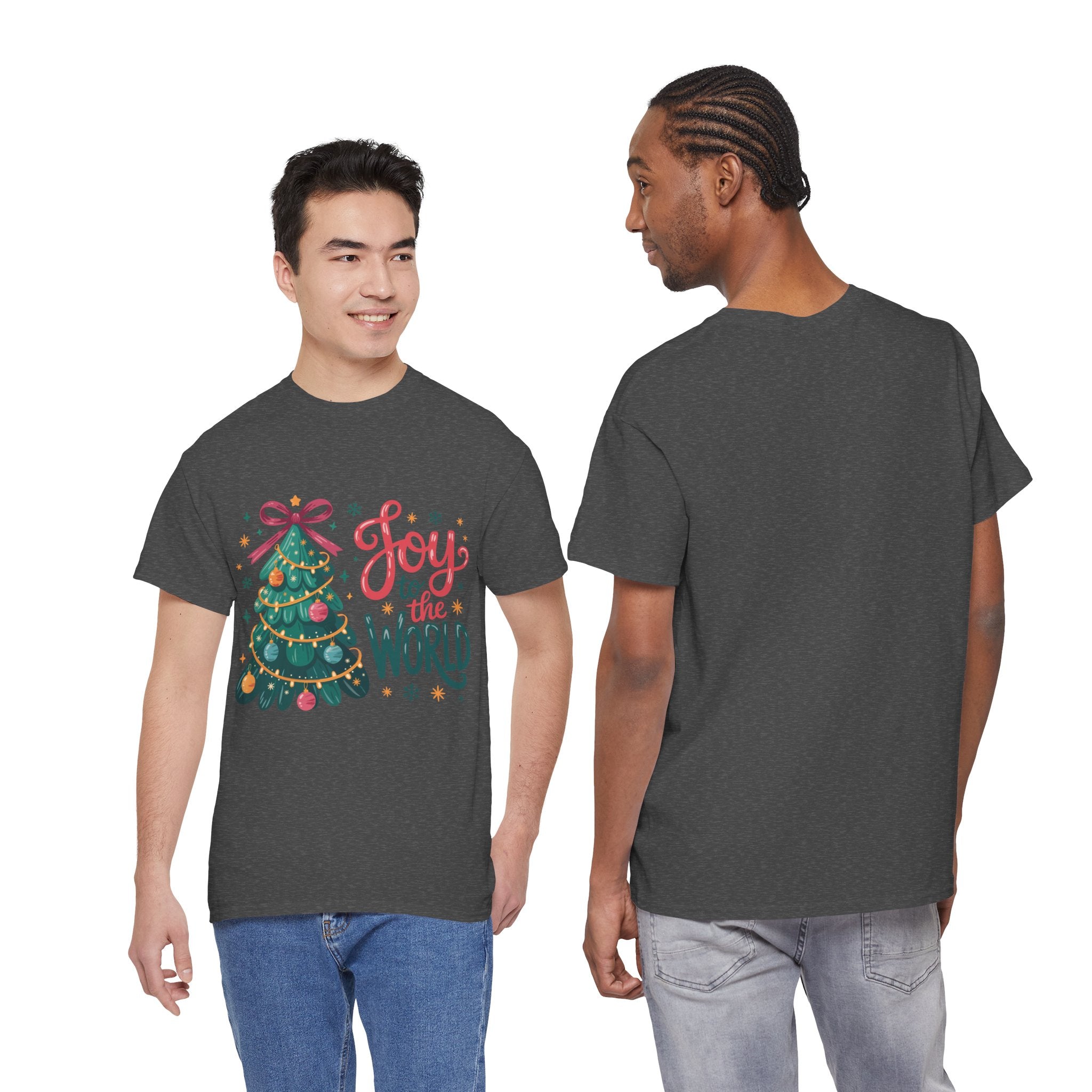 Joy to the World Christmas Tee — Festive Tree with Pink Bow..Unisex Cotton Tee