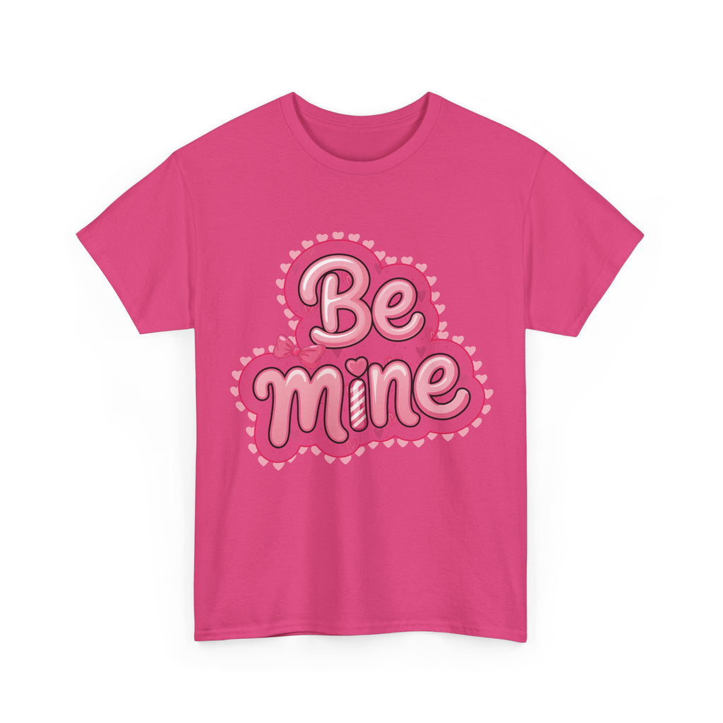 Be Mine Valentine T-Shirt — Pink Bubble Letters with Hearts & Bow..Unisex Cotton Tee