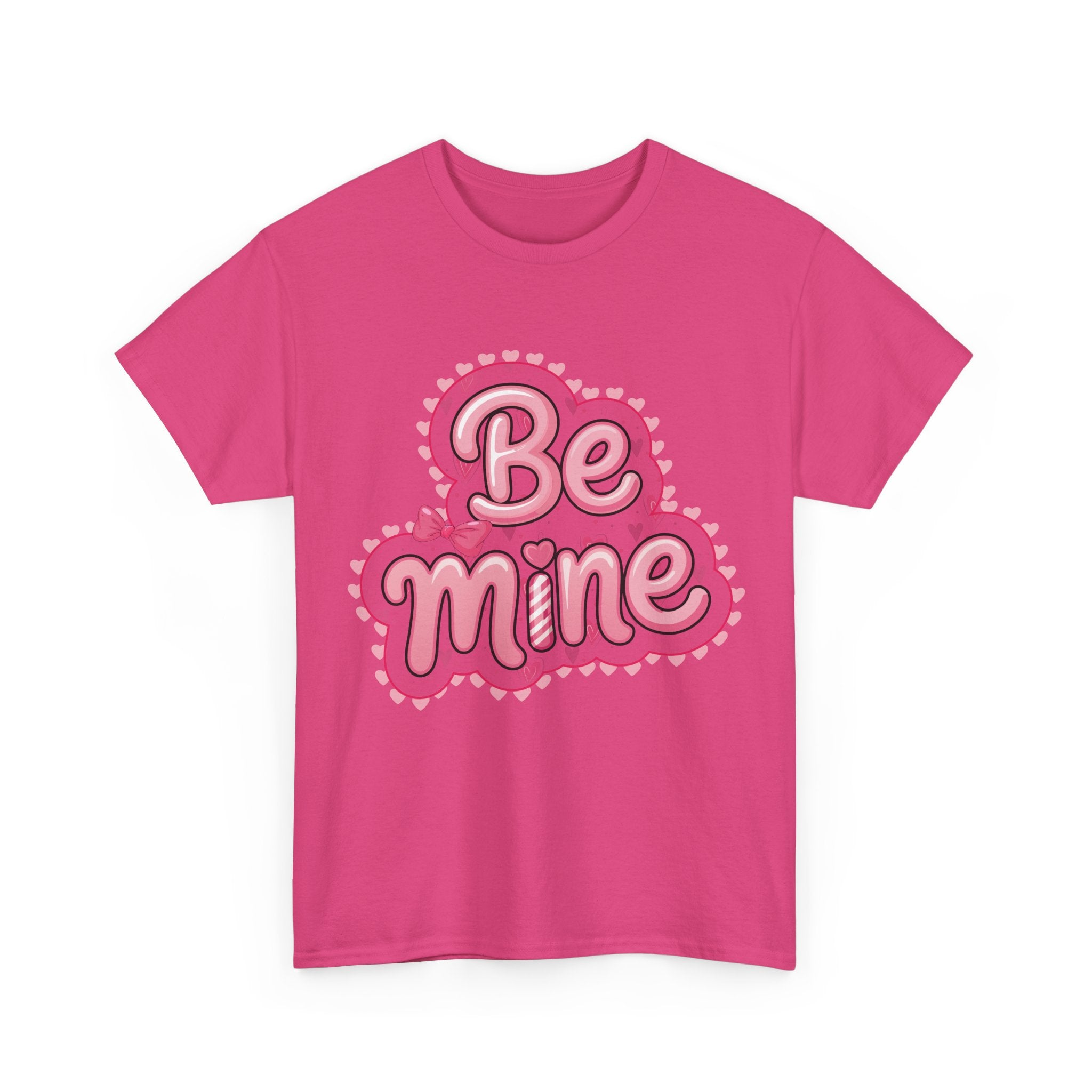 Be Mine Valentine T-Shirt — Pink Bubble Letters with Hearts & Bow..Unisex Cotton Tee