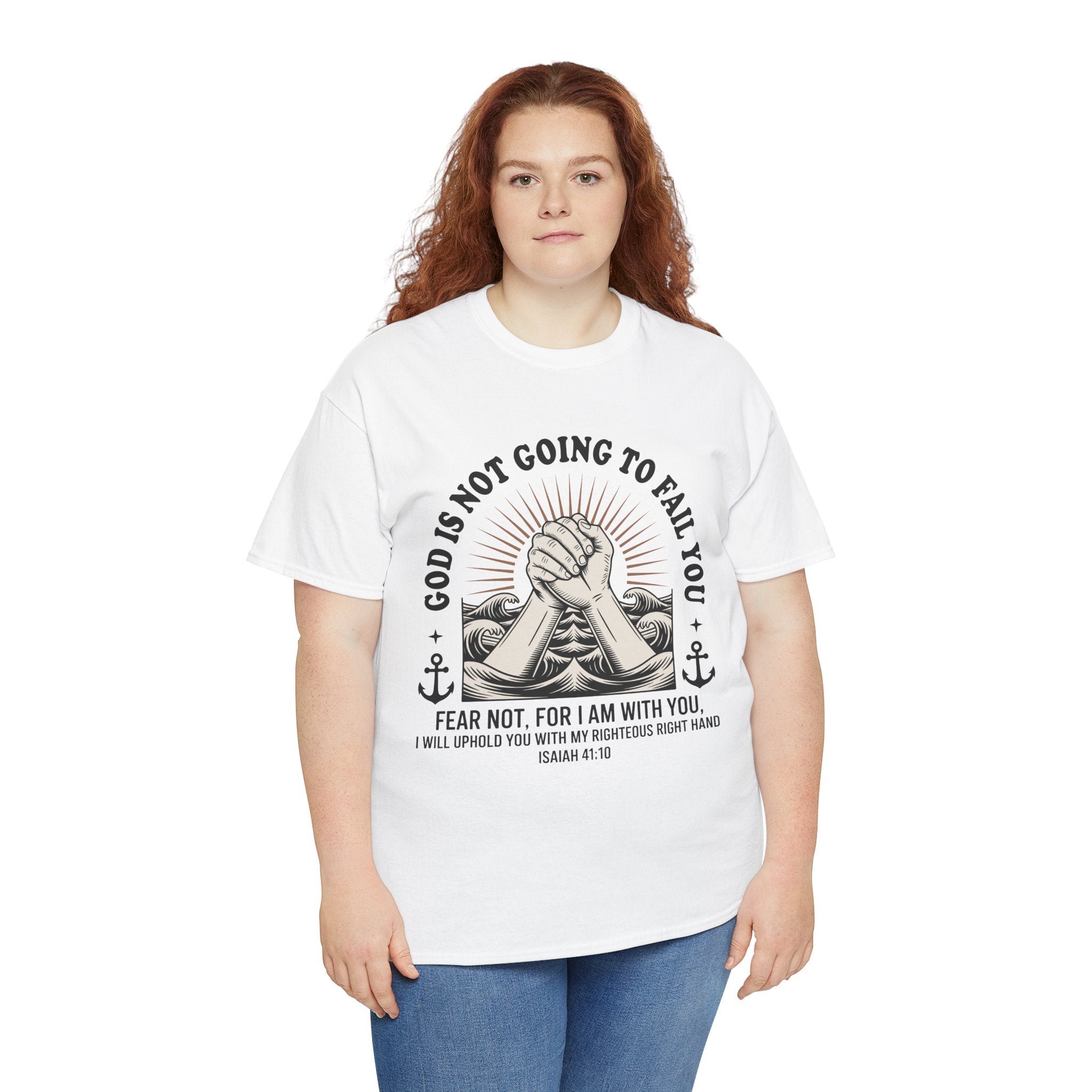 Isaiah 41:10 "Fear Not, For I Am With You" T-Shirt — Clasped Hands Rising from Waves Christian Unisex Cotton Tee