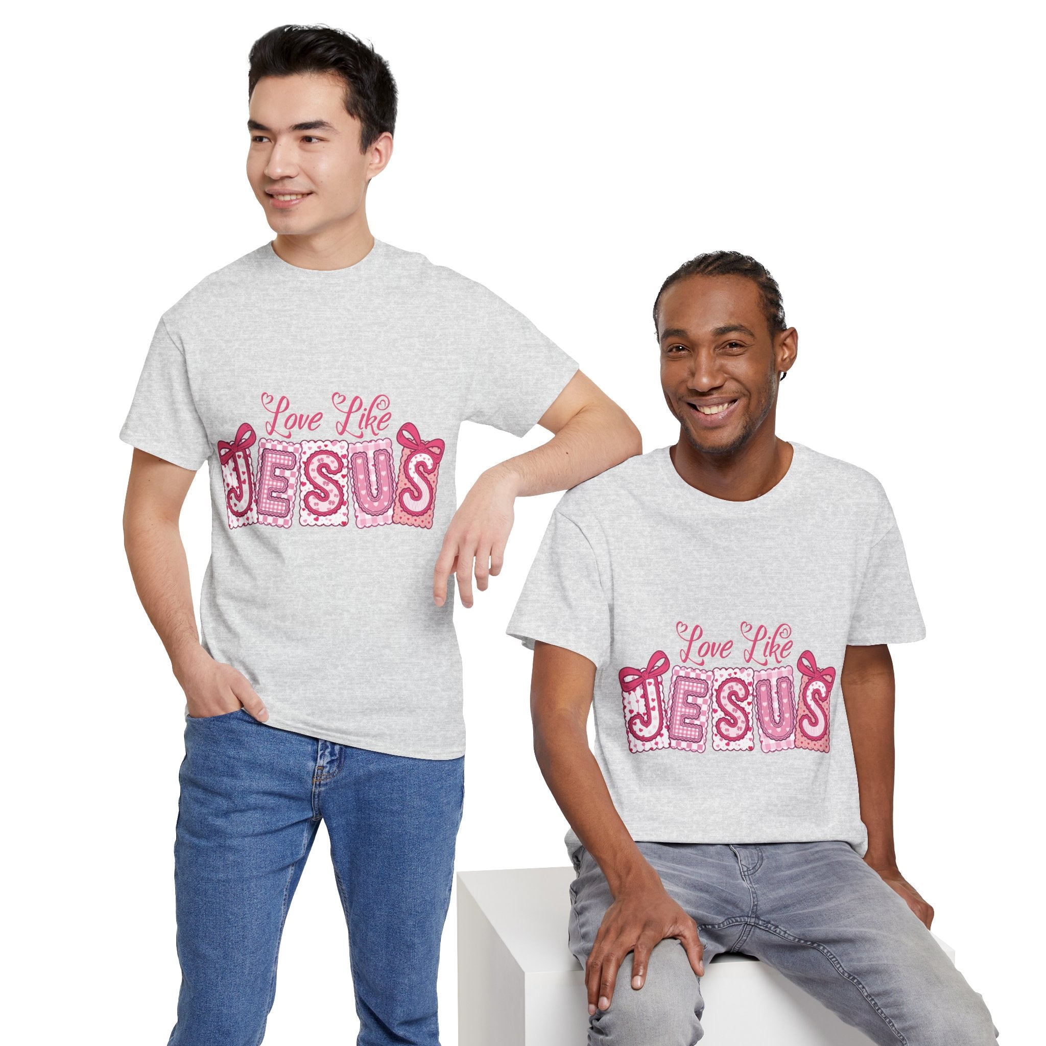 Love Like Jesus Patchwork Tee — Pink Stitched Heart Graphic.Unisex Cotton Tee