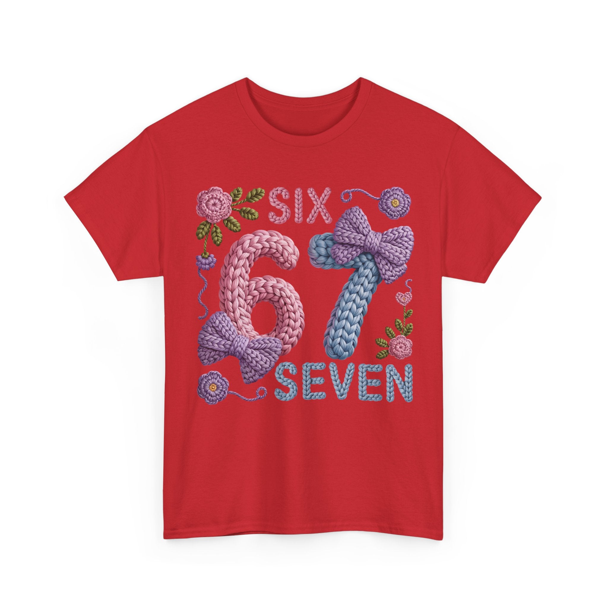 Pastel Crochet Numbers 6 & 7 Tee — Faux-Yarn Bows & Flowers. Unisex Cotton Tee
